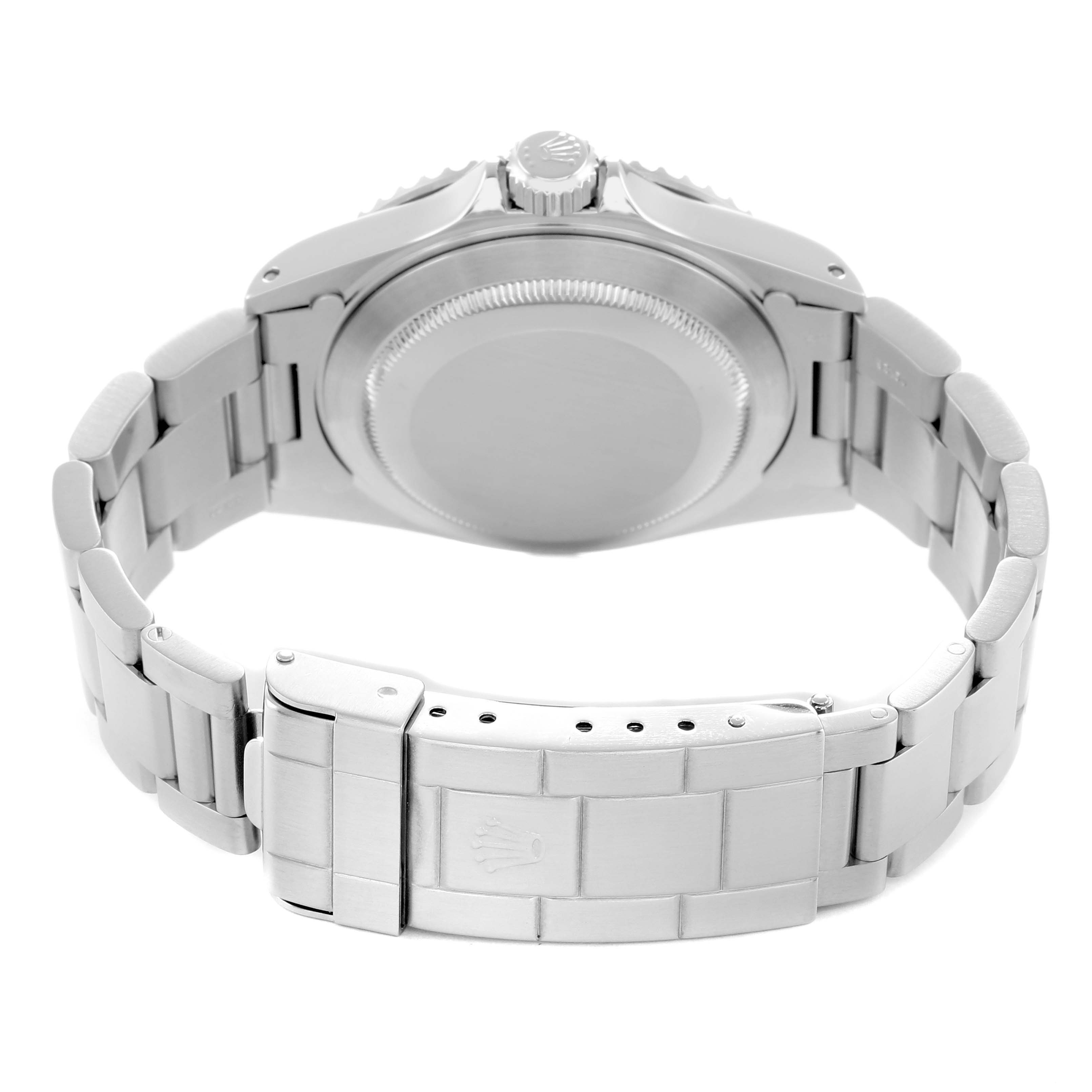 The image shows the back of a Rolex Submariner 14060 Men
s Stainless Steel Black Dial watch, highlighting the case back, bracelet links, and clasp from a slightly elevated angle.