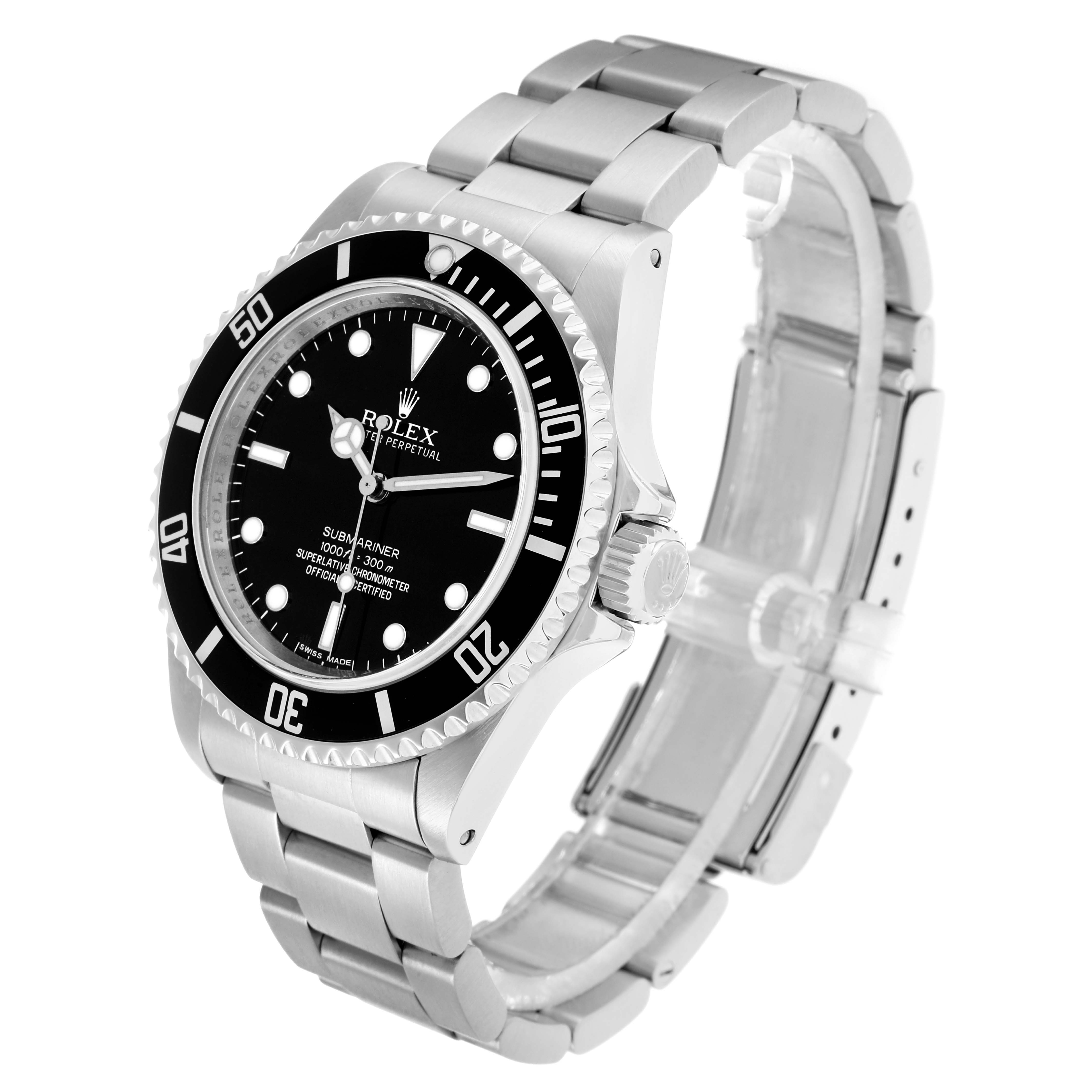 The Rolex Submariner 14060 Men
s Stainless Steel Black Dial watch is shown at an angle highlighting the watch face, bezel, crown, and bracelet.