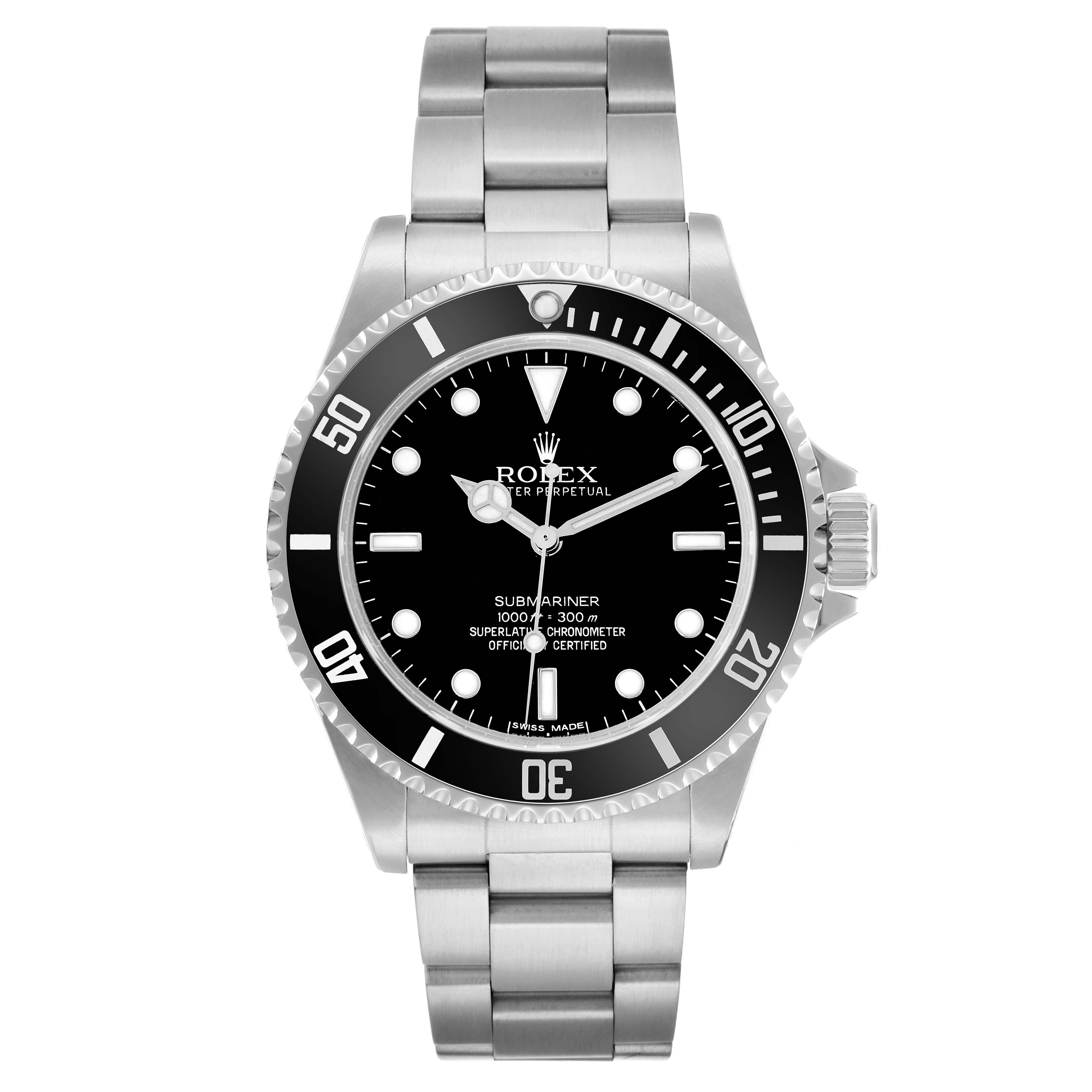 The Rolex Submariner 14060 Men
s Stainless Steel Black Dial watch is shown from the front, displaying the dial, bezel, and part of the bracelet.