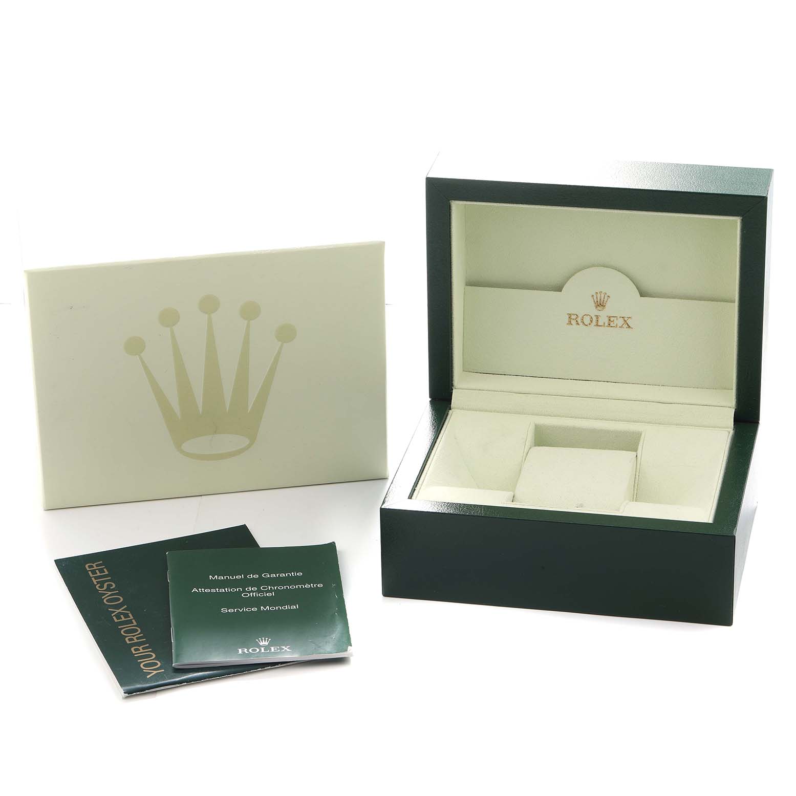 The image shows a Rolex Submariner 14060 Men
s Stainless Steel Black Dial box, warranty booklet, and outer box at an angled view.