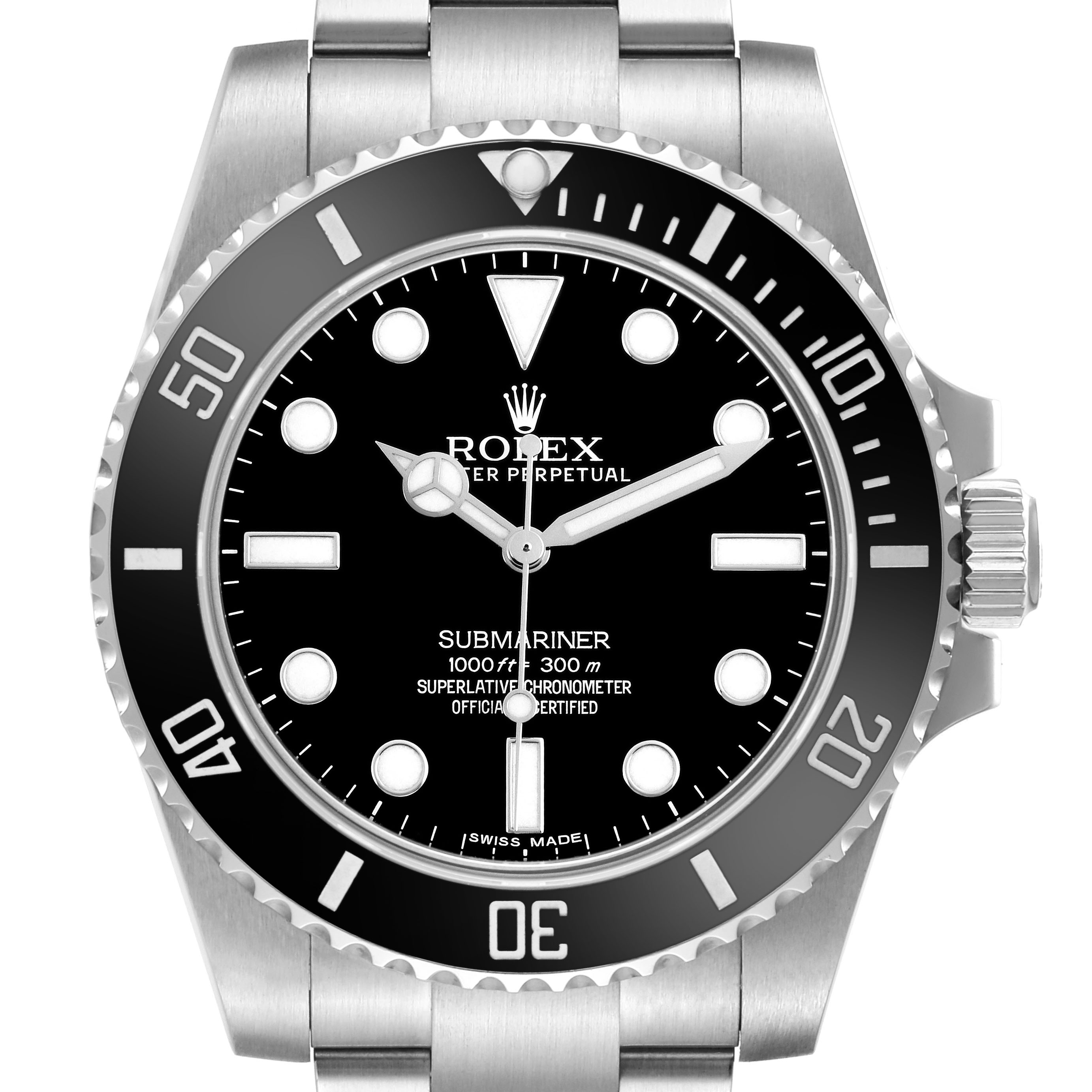 The Rolex Submariner 114060 Men's Stainless Steel Black Dial watch is shown from the front, displaying the face, bezel, and parts of the bracelet.