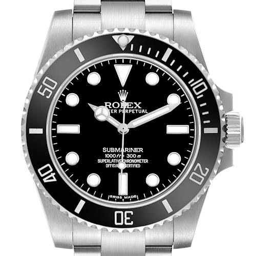 The Rolex Submariner 114060 Men's Stainless Steel Black Dial watch is shown from a front view, displaying its dial, bezel, and part of the bracelet.
