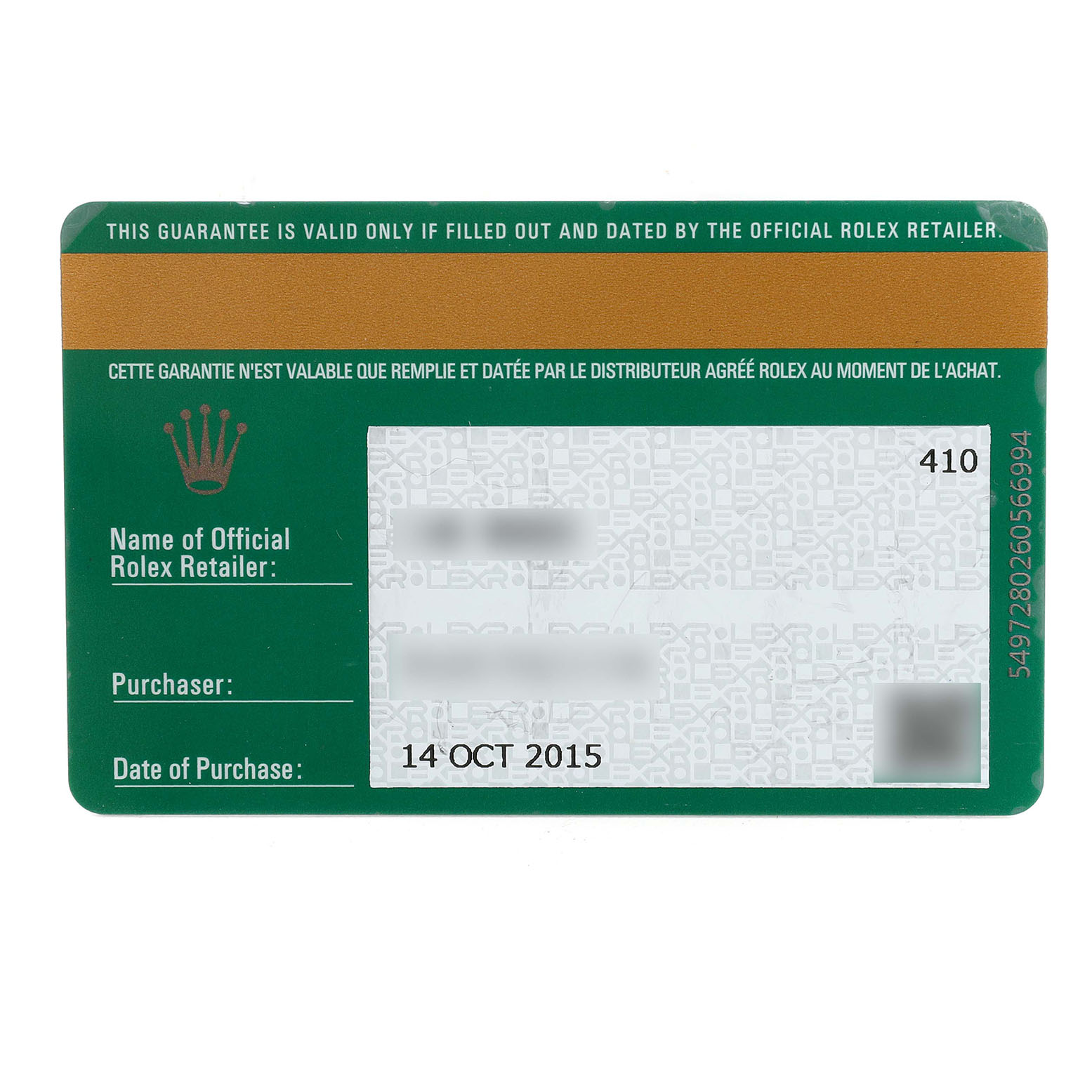 The image shows a warranty card for a Rolex Submariner 114060 Men's Stainless Steel Black Dial, detailing the retailer, purchaser, and purchase date.