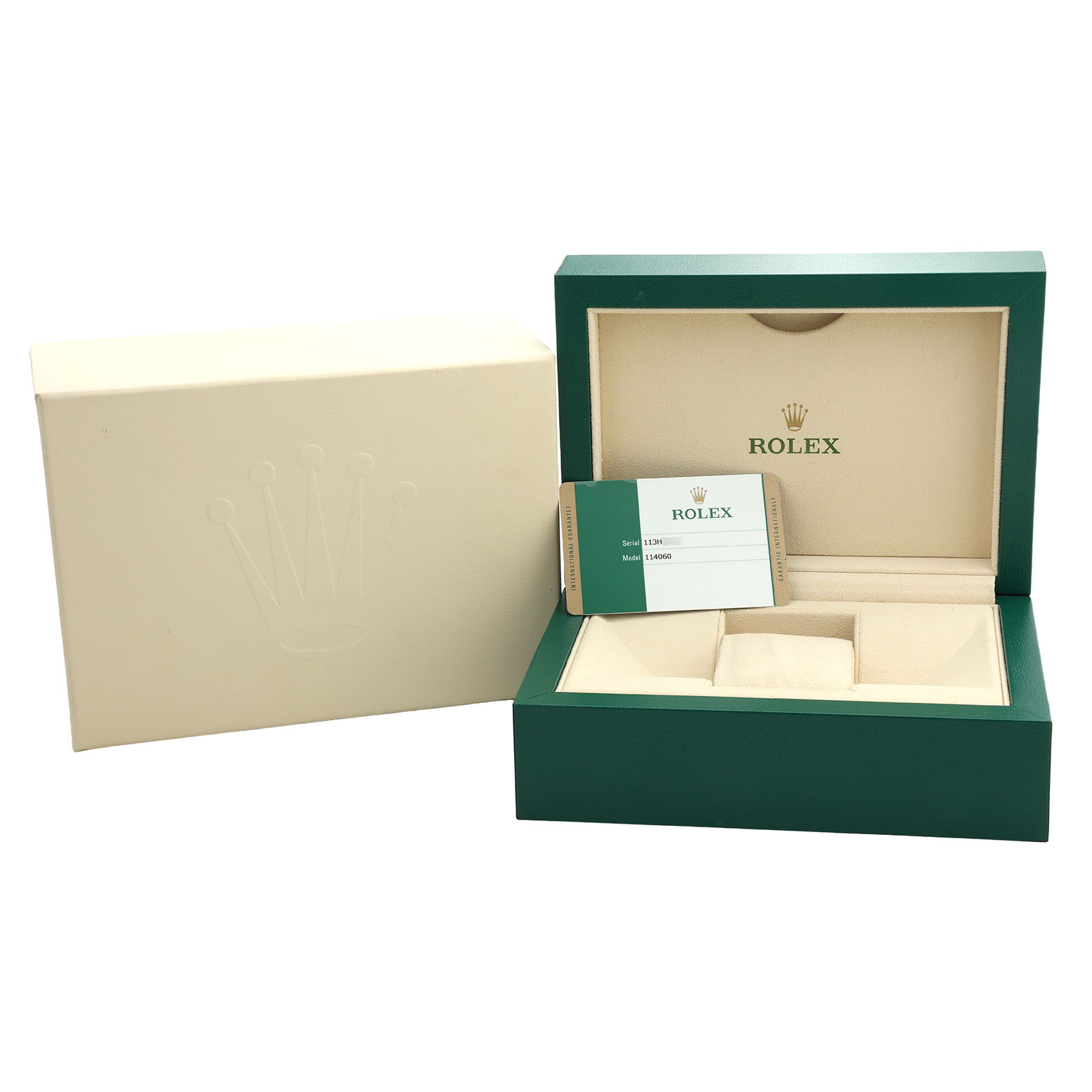 The image shows the open box and warranty card for a Rolex Submariner 114060 Men's Stainless Steel Black Dial, with the branded box and cushion slots visible.