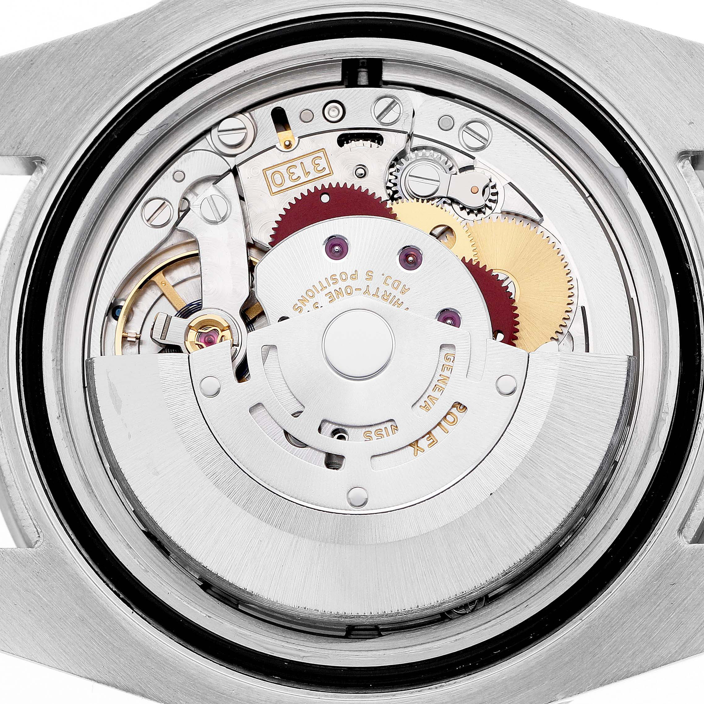 The image shows the movement of a Rolex Submariner 114060 Men's Stainless Steel Black Dial from a back angle, highlighting its intricate mechanical components.