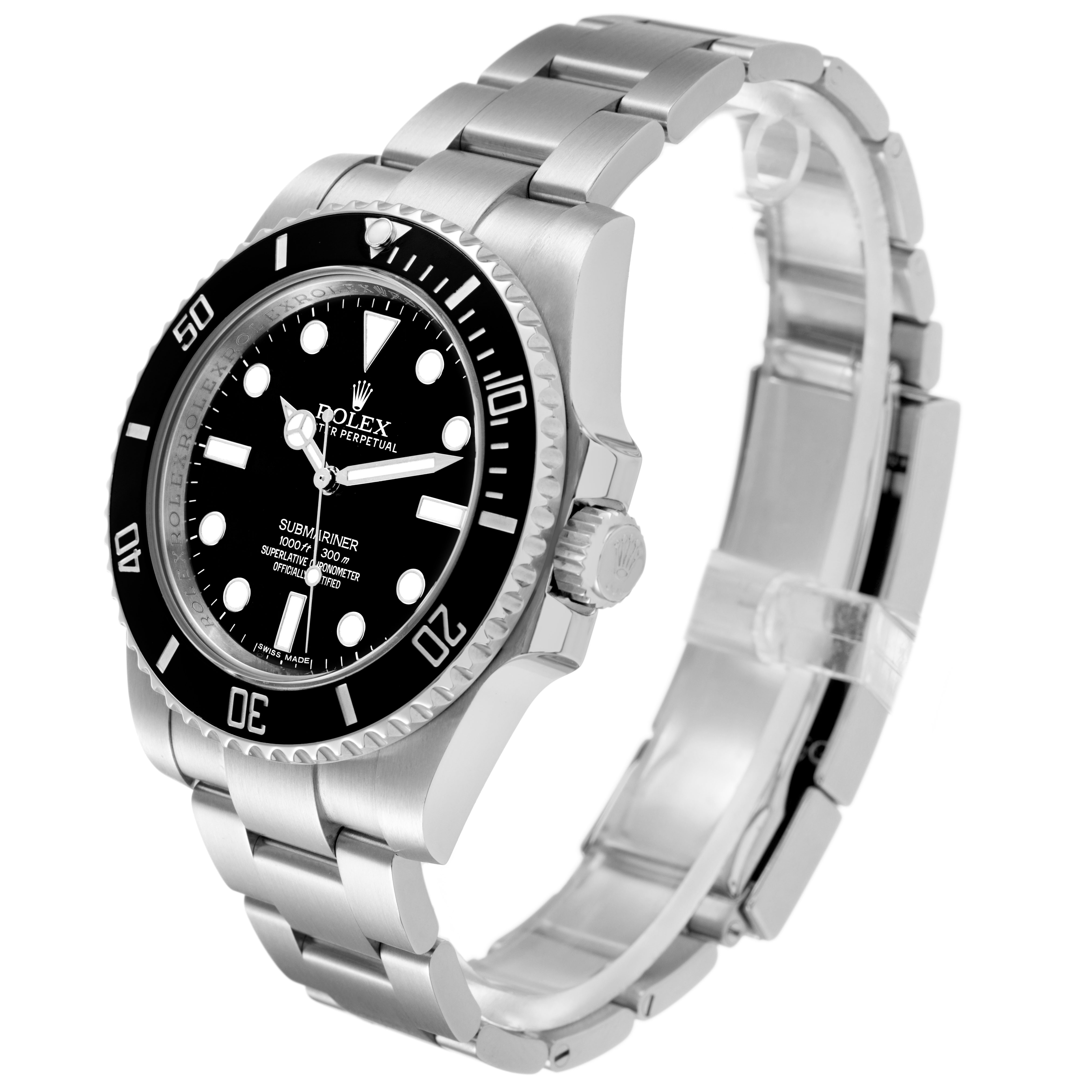 The Rolex Submariner 114060 Men's Stainless Steel Black Dial watch is shown at a slight side angle, highlighting the face, bezel, bracelet, and crown.