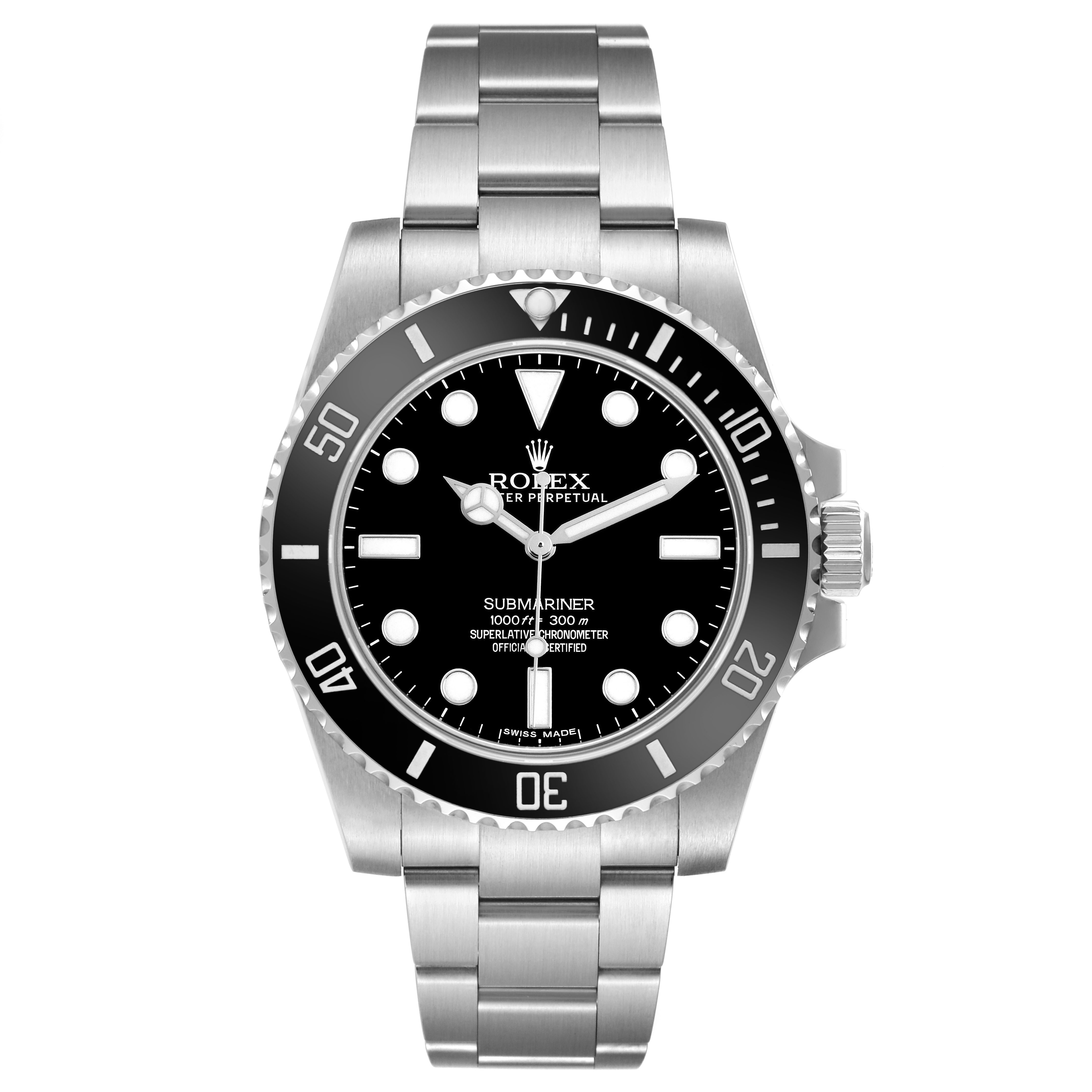 The Rolex Submariner 114060 Men's Stainless Steel Black Dial watch is shown from a front angle, displaying the dial, bezel, crown, and bracelet.