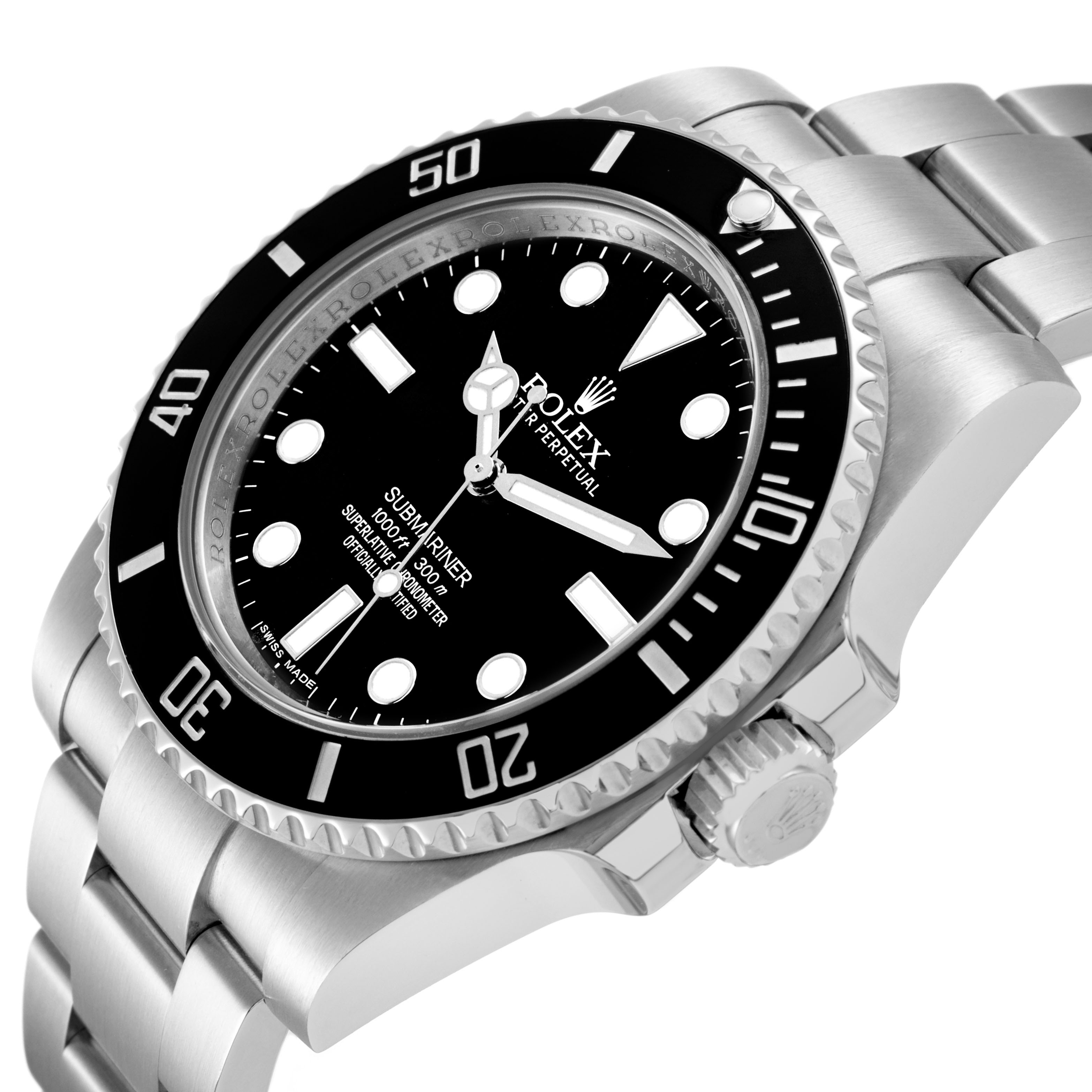 The Rolex Submariner 114060 Men's Stainless Steel Black Dial watch is shown at an angle highlighting the face, bezel, and bracelet side.