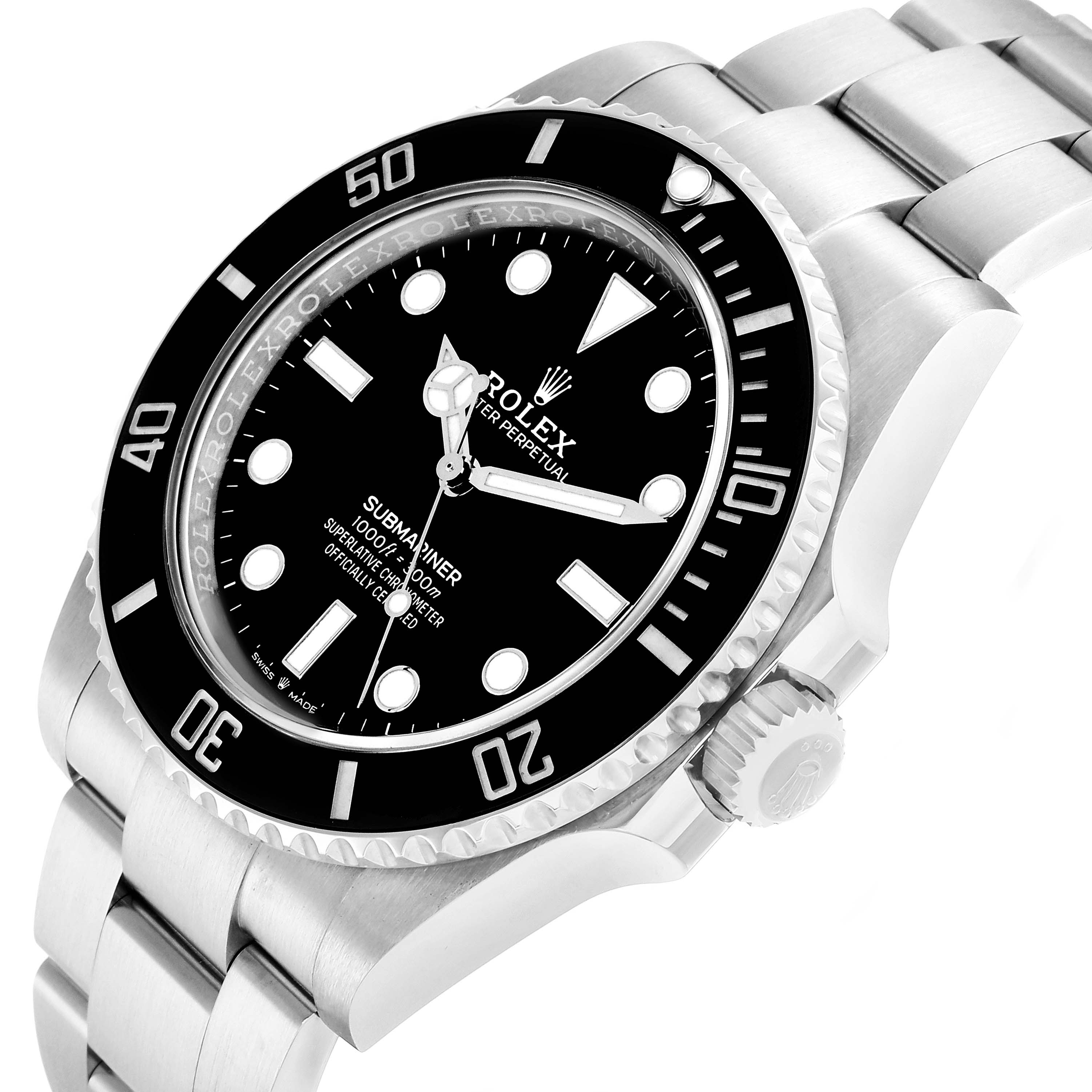 The Rolex Submariner 124060 Men
s Stainless Steel Black Dial watch is shown at a three-quarter angle highlighting the bezel, dial, crown, and bracelet.
