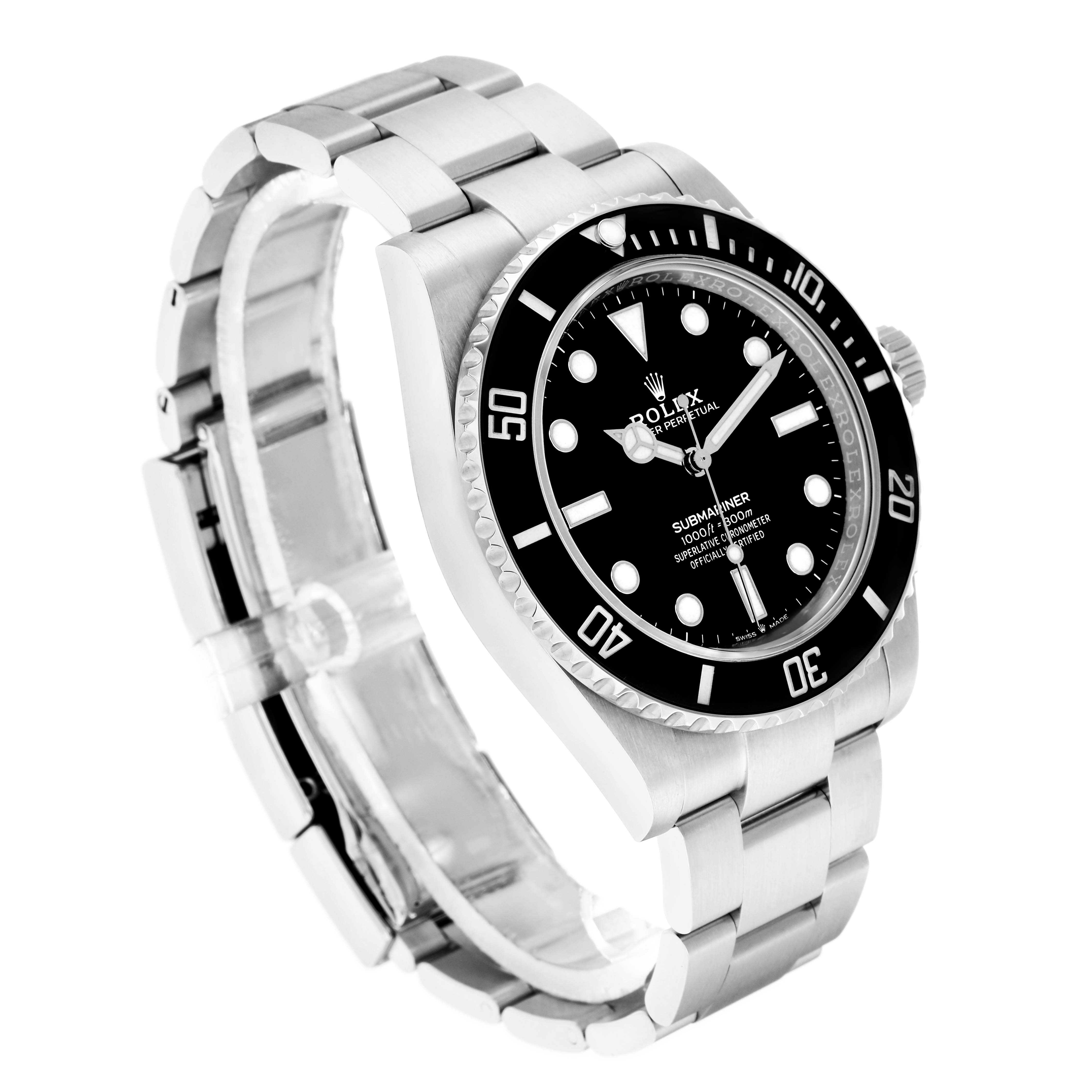 The Rolex Submariner 124060 Men
s Stainless Steel Black Dial watch is shown at a three-quarter angle, highlighting the bezel, dial, and bracelet.