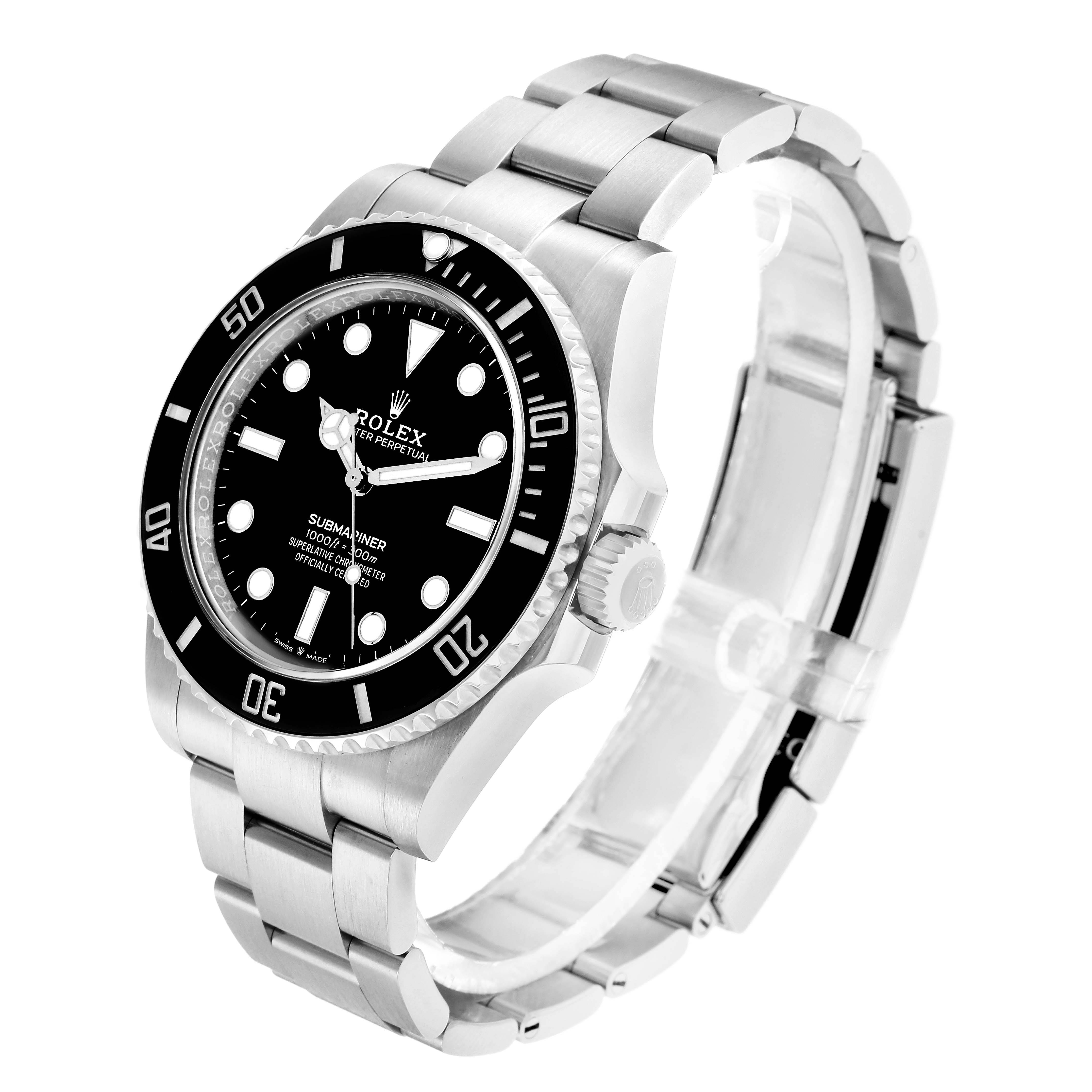 The Rolex Submariner 124060 Men
s Stainless Steel Black Dial watch is shown at an angled side view, highlighting the bezel, dial, crown, and bracelet.