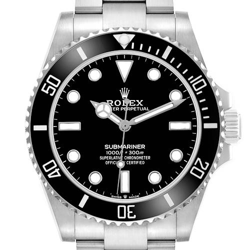 The Rolex Submariner 124060 Men's Stainless Steel Black Dial is shown from a front angle, highlighting the bezel, dial, and part of the bracelet.
