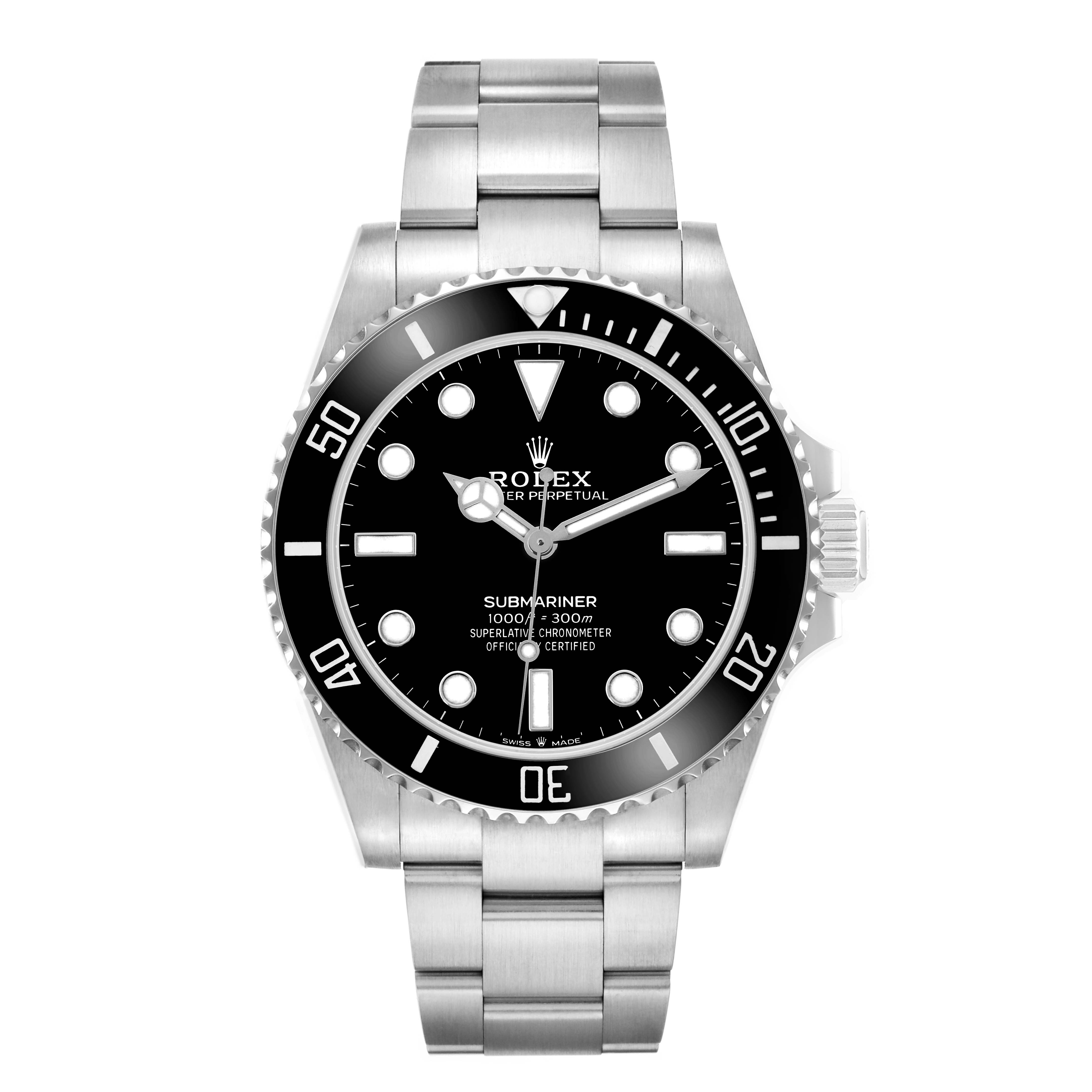 The Rolex Submariner 124060 Men
s Stainless Steel Black Dial is shown from the front, displaying the dial, bezel, and stainless steel bracelet.
