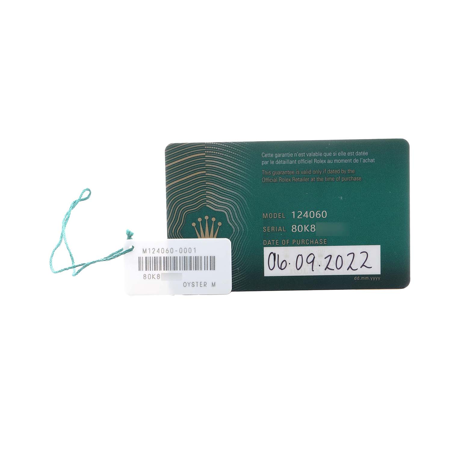 The image shows the warranty card and tag of a Rolex Submariner 124060 Men
s Stainless Steel Black Dial, model 124060, with purchase details.