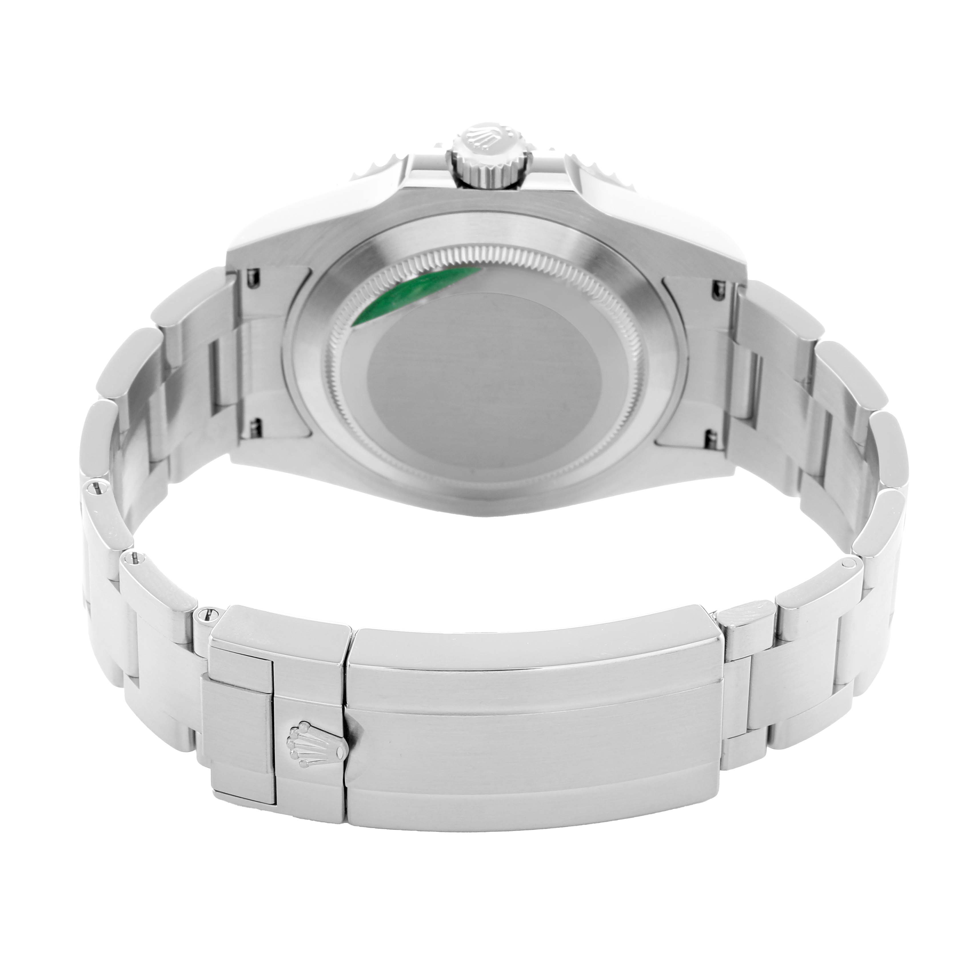 The image shows the back view of the Rolex Submariner 124060 Men
s Stainless Steel Black Dial, highlighting its closed clasp and bracelet links.