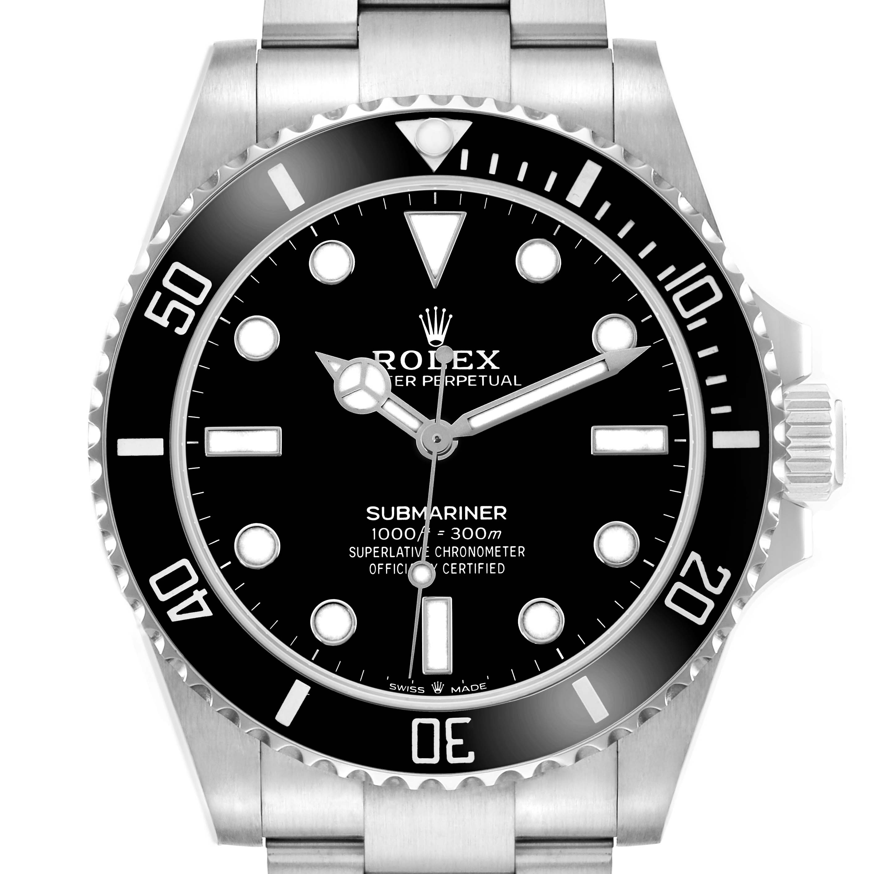 The Rolex Submariner 124060 Men
s Stainless Steel Black Dial watch is shown from a front angle, featuring its bezel, dial, hands, and bracelet.