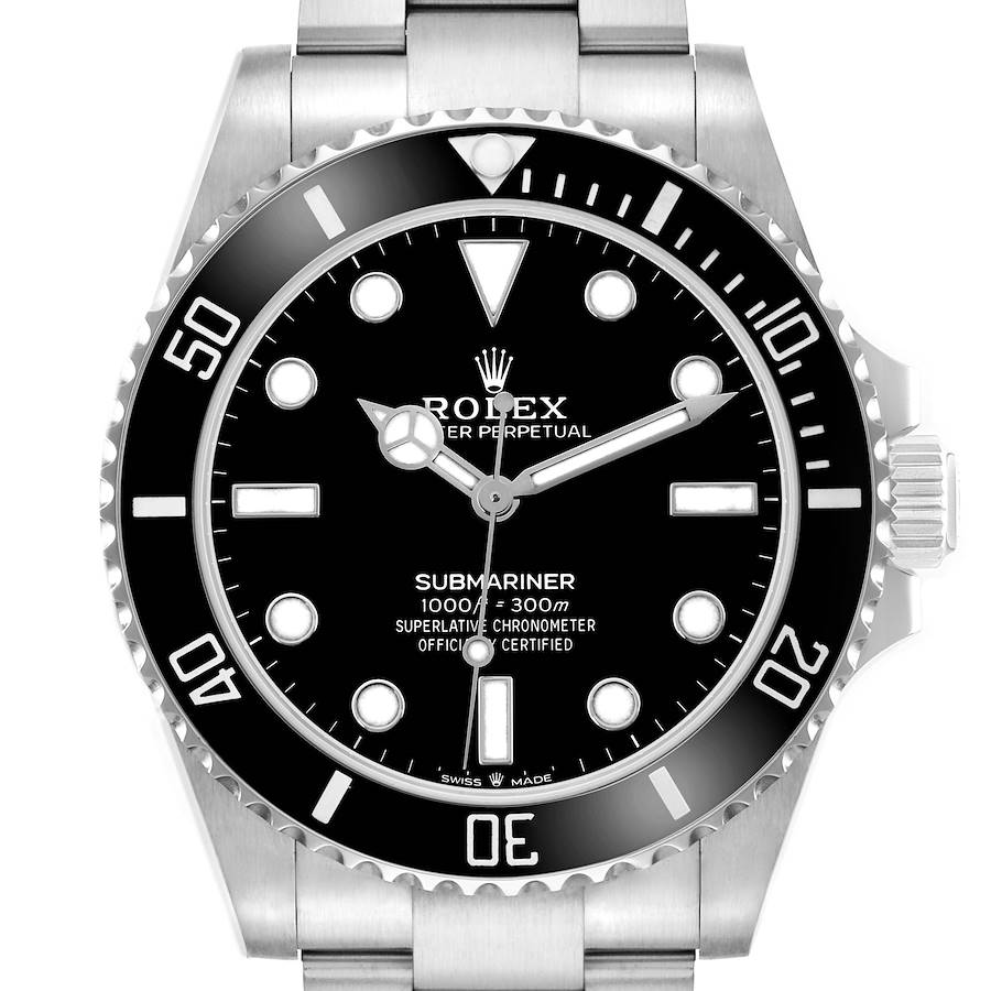 The Rolex Submariner 124060 Men's Stainless Steel Black Dial watch is shown from a front angle, featuring its bezel, dial, hands, and bracelet.