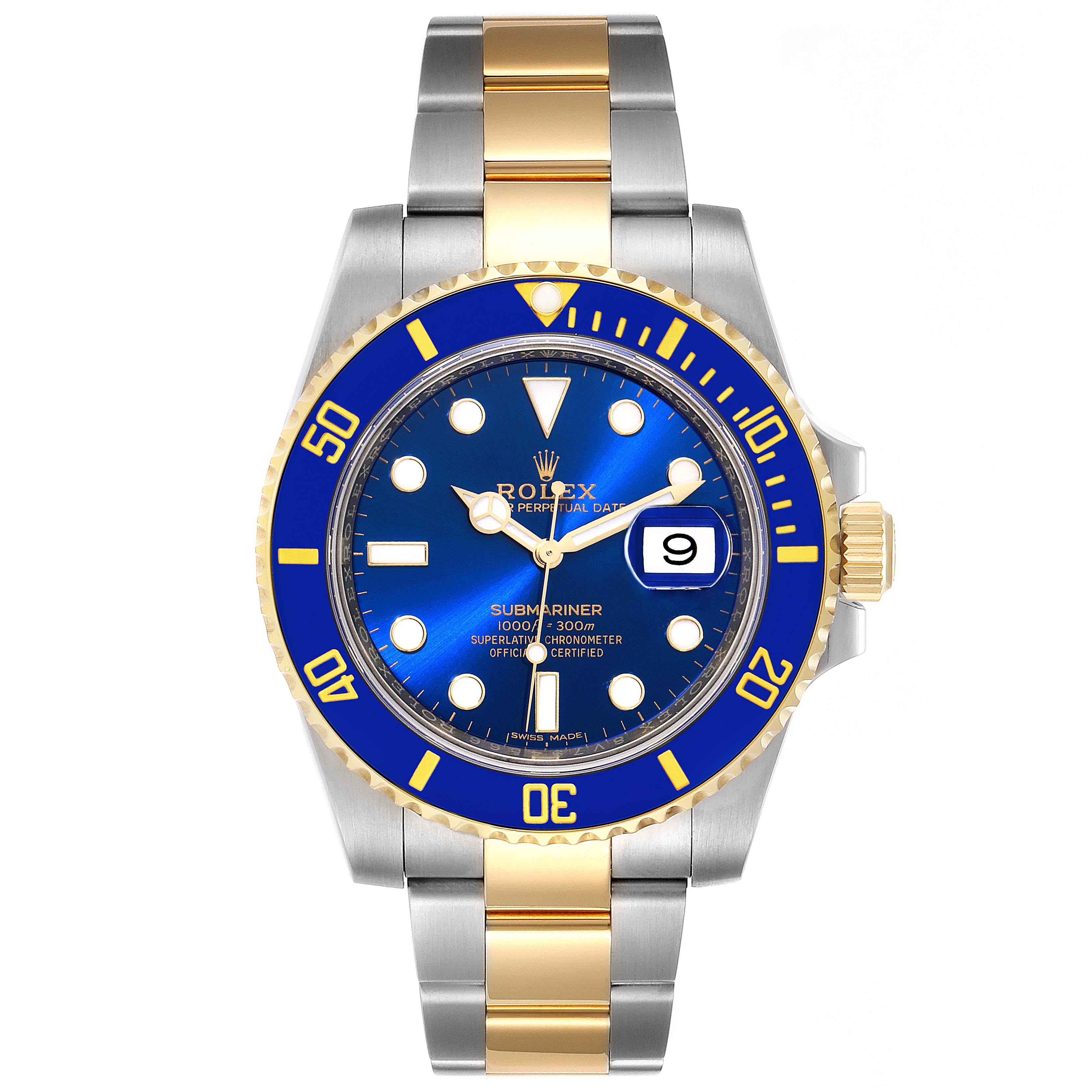 This image shows a frontal view of the Rolex Submariner 116613 Men's Steel and Gold (two tone) Blue Dial 116613 Men's Steel and Gold (two tone) Blue Dial watch with a blue dial, gold and silver two-tone bracelet, and a date display.