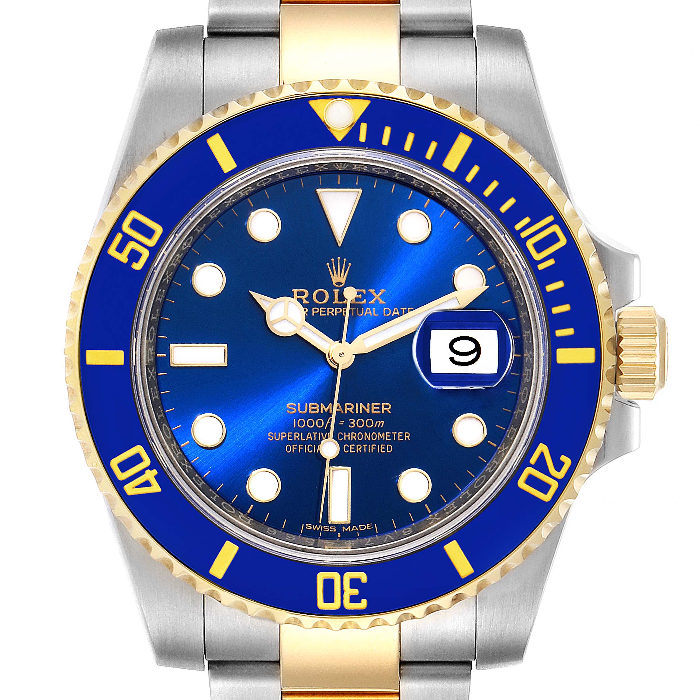 The image shows a front view of a Rolex Submariner 116613 Men's Steel and Gold (two tone) Blue Dial 116613 Men's Steel and Gold (two tone) Blue Dial watch, highlighting the dial, bezel, crown, and part of the bracelet.