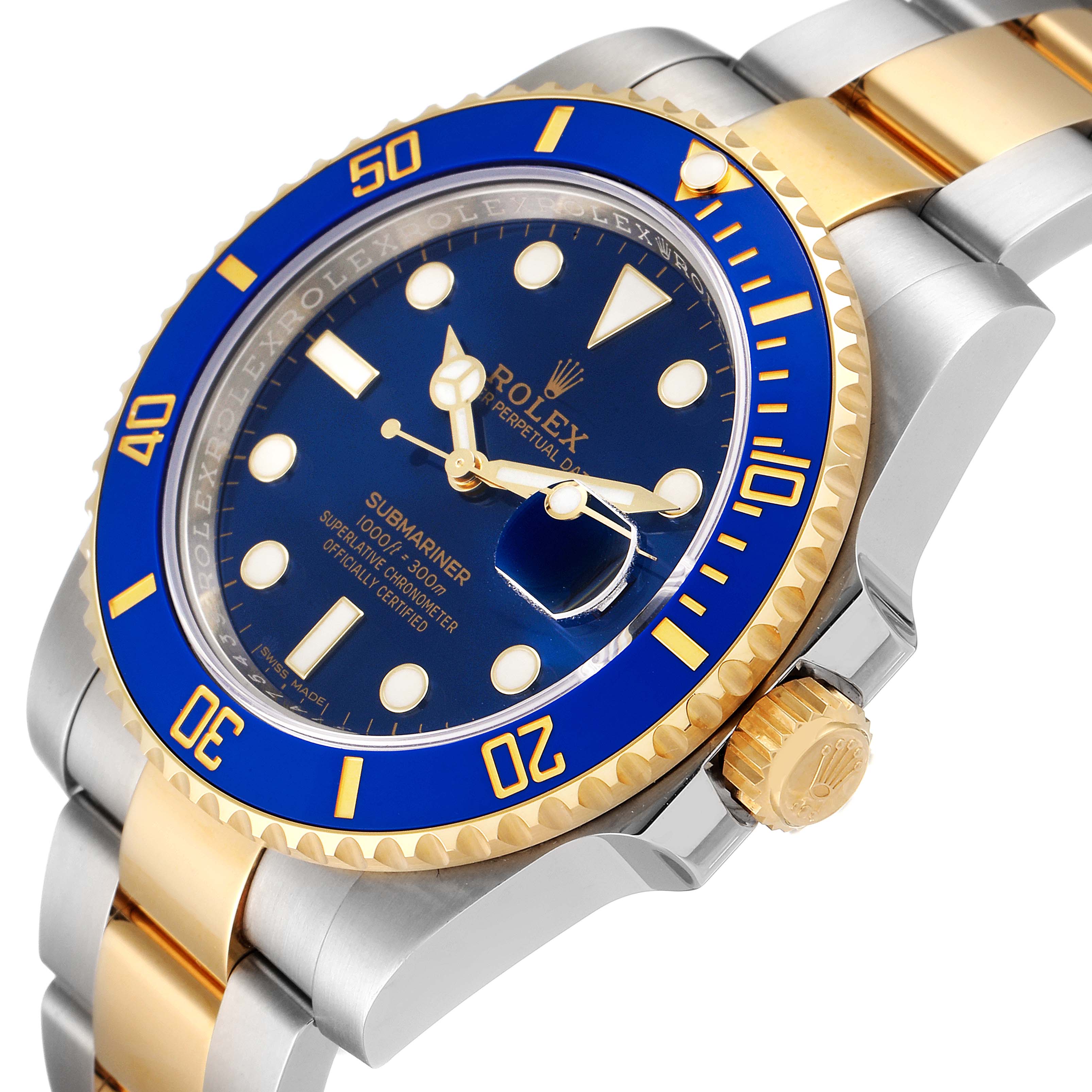 The image shows a Rolex Submariner 116613 Men's Steel and Gold (two tone) Blue Dial 116613 Men's Steel and Gold (two tone) Blue Dial watch at an angle highlighting its blue and gold bezel, dial, crown, and two-tone bracelet.