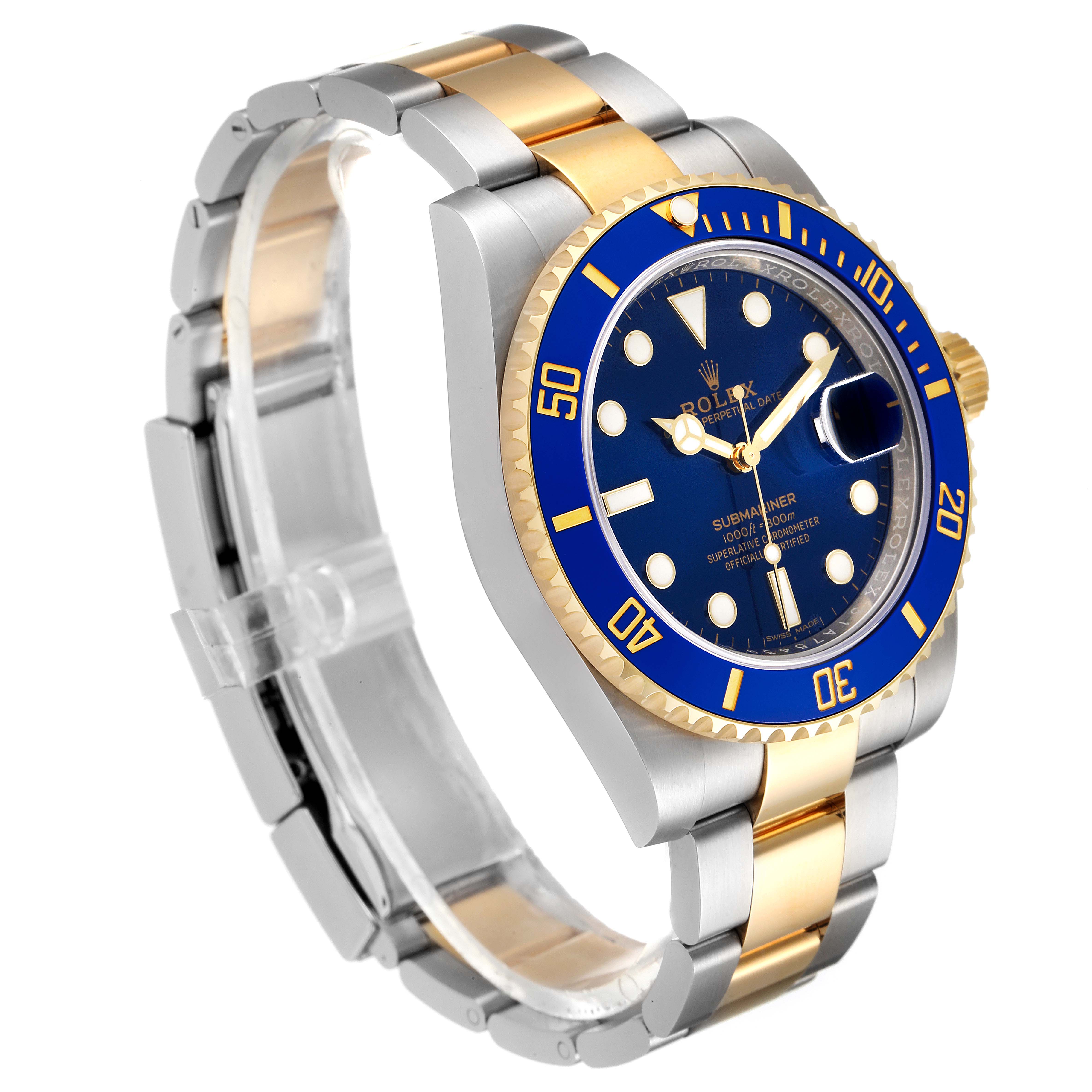 The Rolex Submariner 116613 Men's Steel and Gold (two tone) Blue Dial 116613 Men's Steel and Gold (two tone) Blue Dial watch is shown at a three-quarter angle, showcasing its bracelet, blue dial, and blue bezel with gold accents.