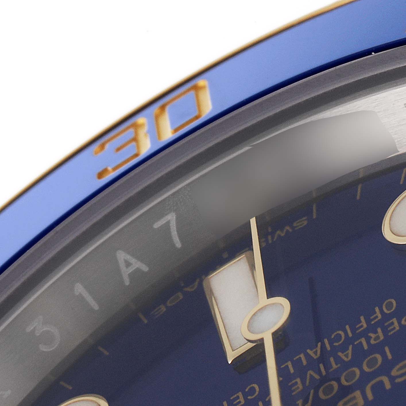 This close-up angle features the dial and bezel of the Rolex Submariner 116613 Men's Steel and Gold (two tone) Blue Dial 116613 Men's Steel and Gold (two tone) Blue Dial watch, with the "30" marker prominently visible.