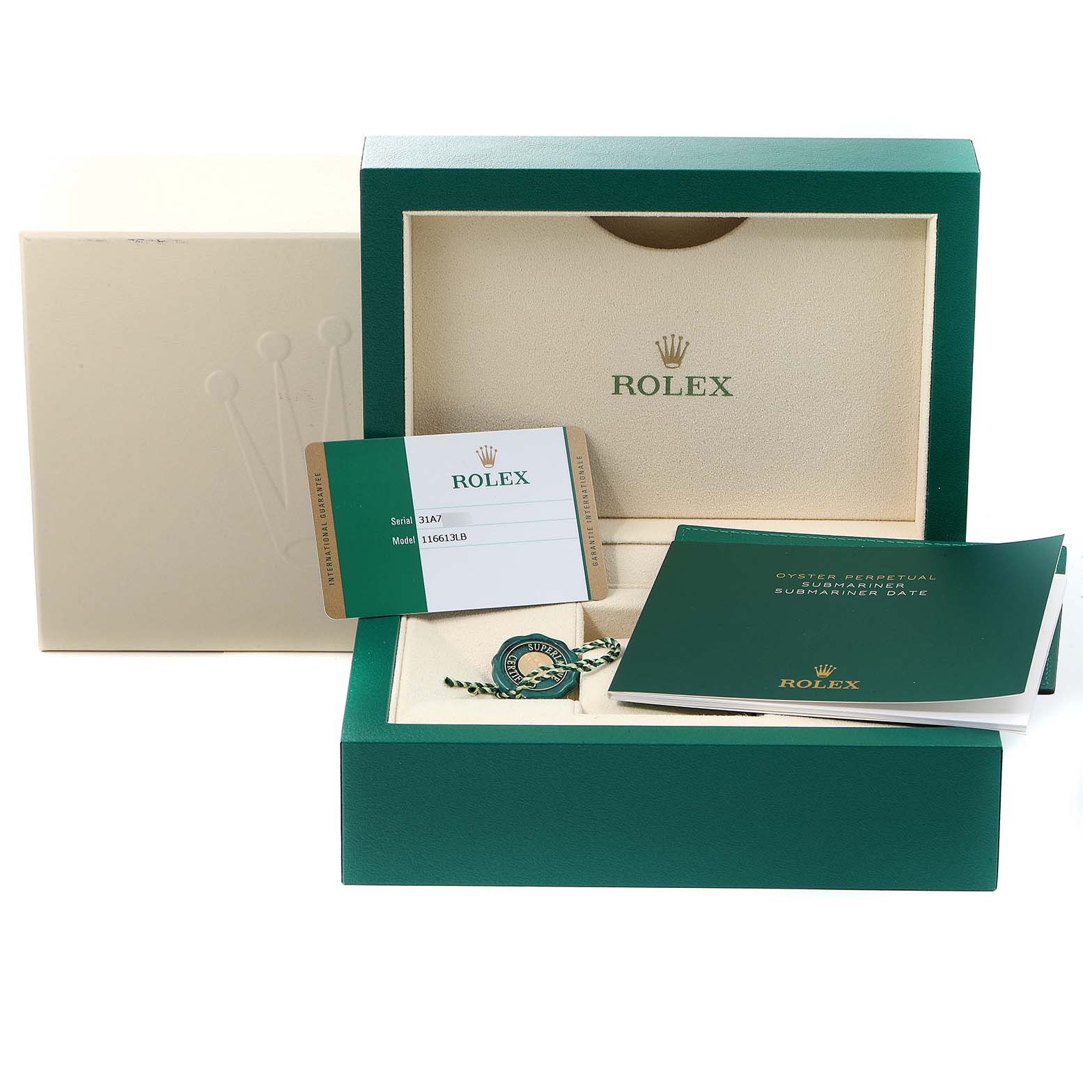 The image shows the packaging and accessories of a Rolex Submariner 116613 Men's Steel and Gold (two tone) Blue Dial 116613 Men's Steel and Gold (two tone) Blue Dial, including the box, warranty card, hang tag, and manuals.