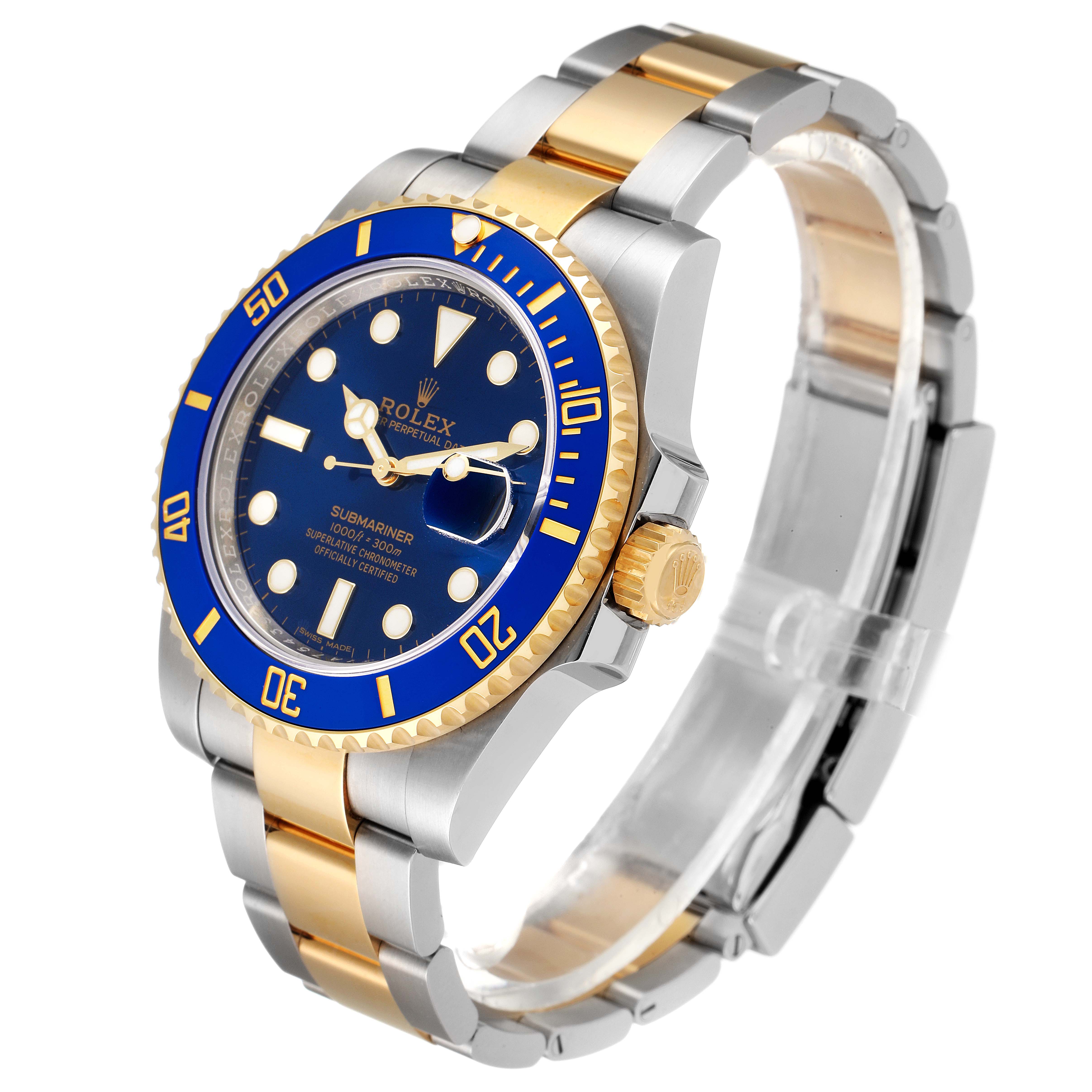 This image shows a Rolex Submariner 116613 Men's Steel and Gold (two tone) Blue Dial 116613 Men's Steel and Gold (two tone) Blue Dial watch at a three-quarter angle, highlighting its blue dial, gold accents, and two-tone bracelet.