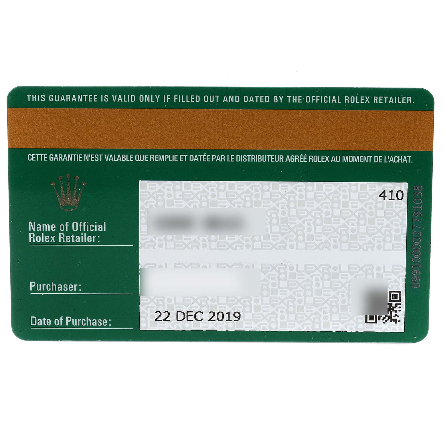 This image shows the official warranty card for a Rolex Submariner 116613 Men's Steel and Gold (two tone) Blue Dial 116613 Men's Steel and Gold (two tone) Blue Dial watch, including purchase details and retailer information.