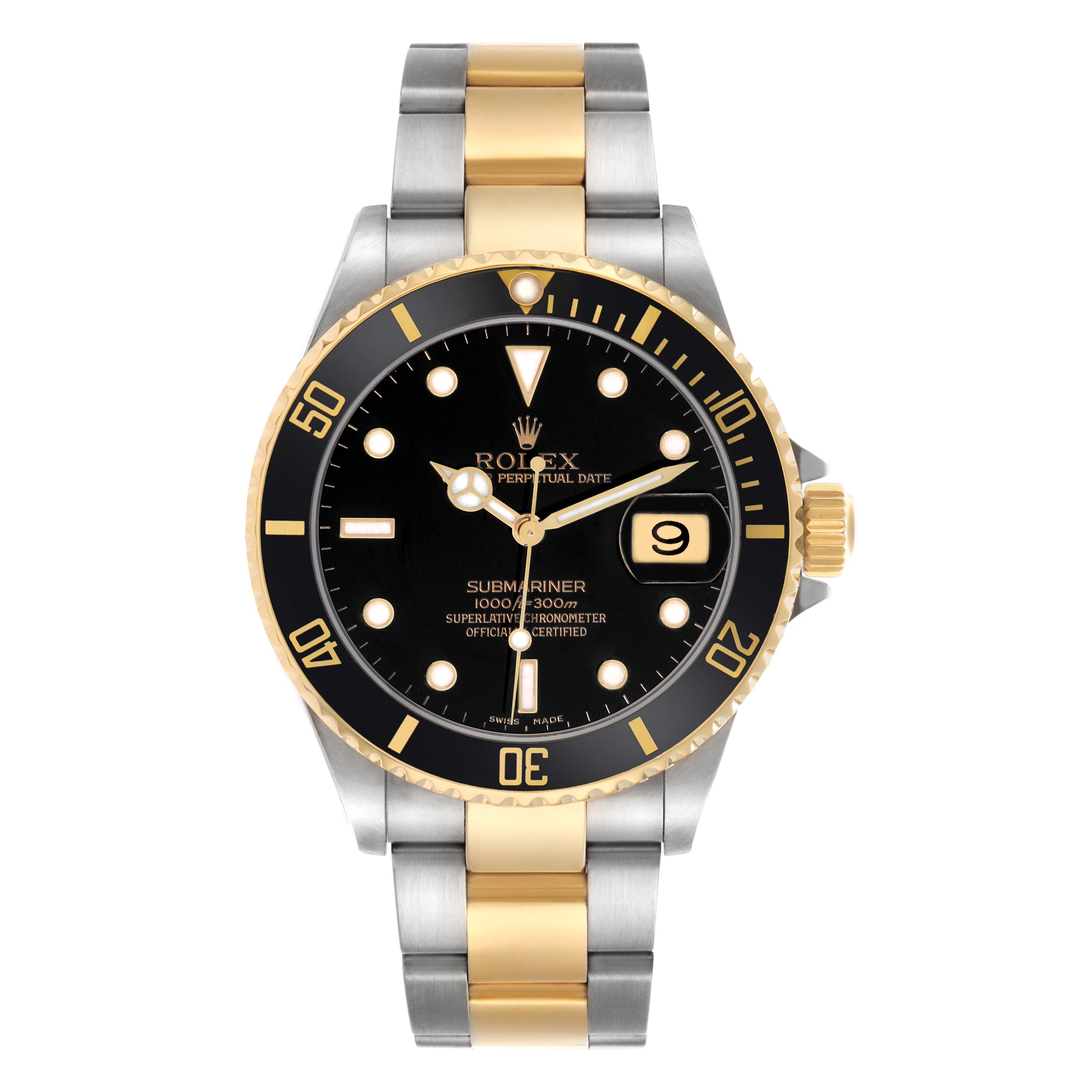 The image shows a front view of a Rolex Submariner 16613 Men
s Steel and Gold (two tone) Black Dial watch, highlighting its dial, bezel, and two-tone bracelet.
