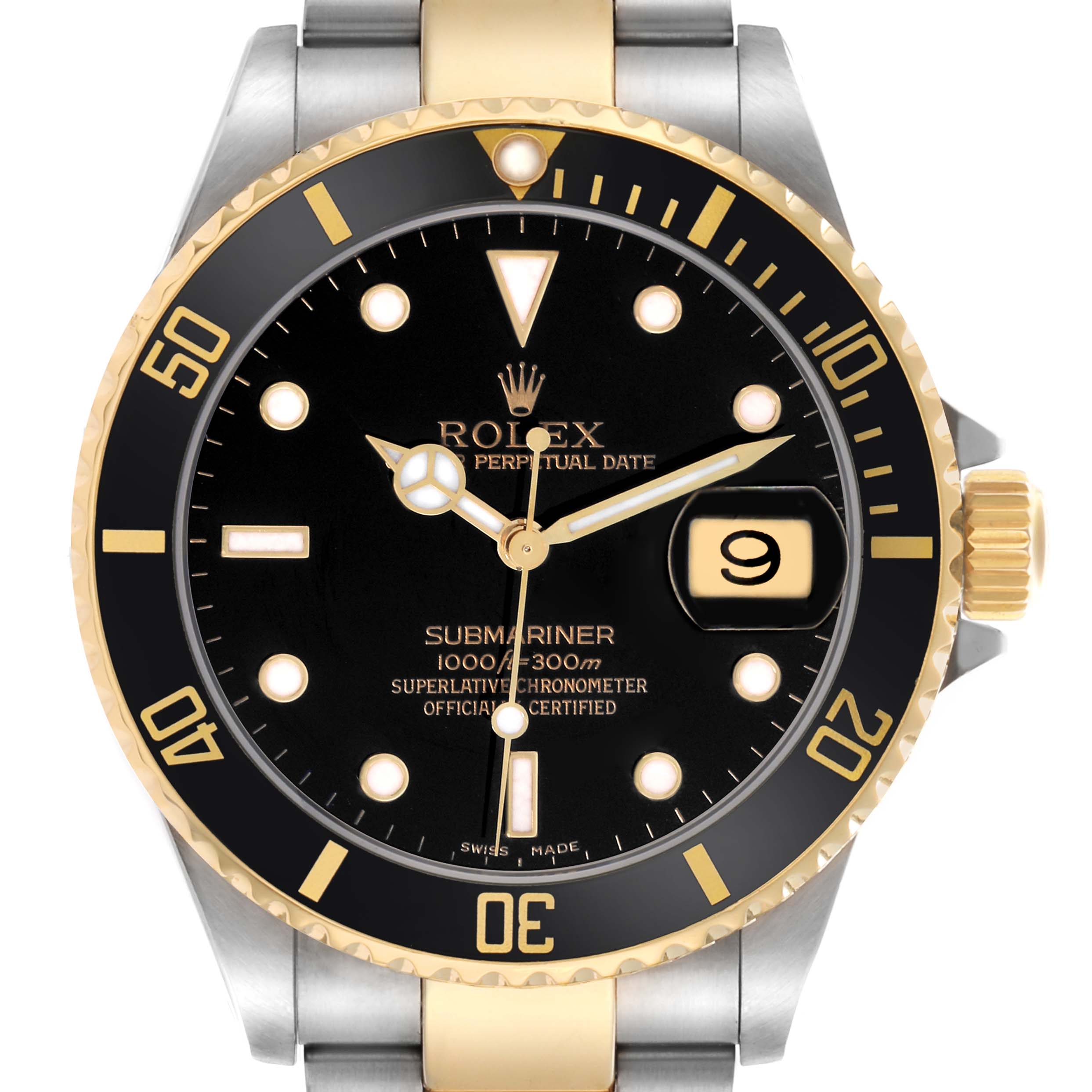 The Rolex Submariner 16613 Men
s Steel and Gold (two tone) Black Dial is shown from a front angle, highlighting the dial, bezel, hands, and bracelet.