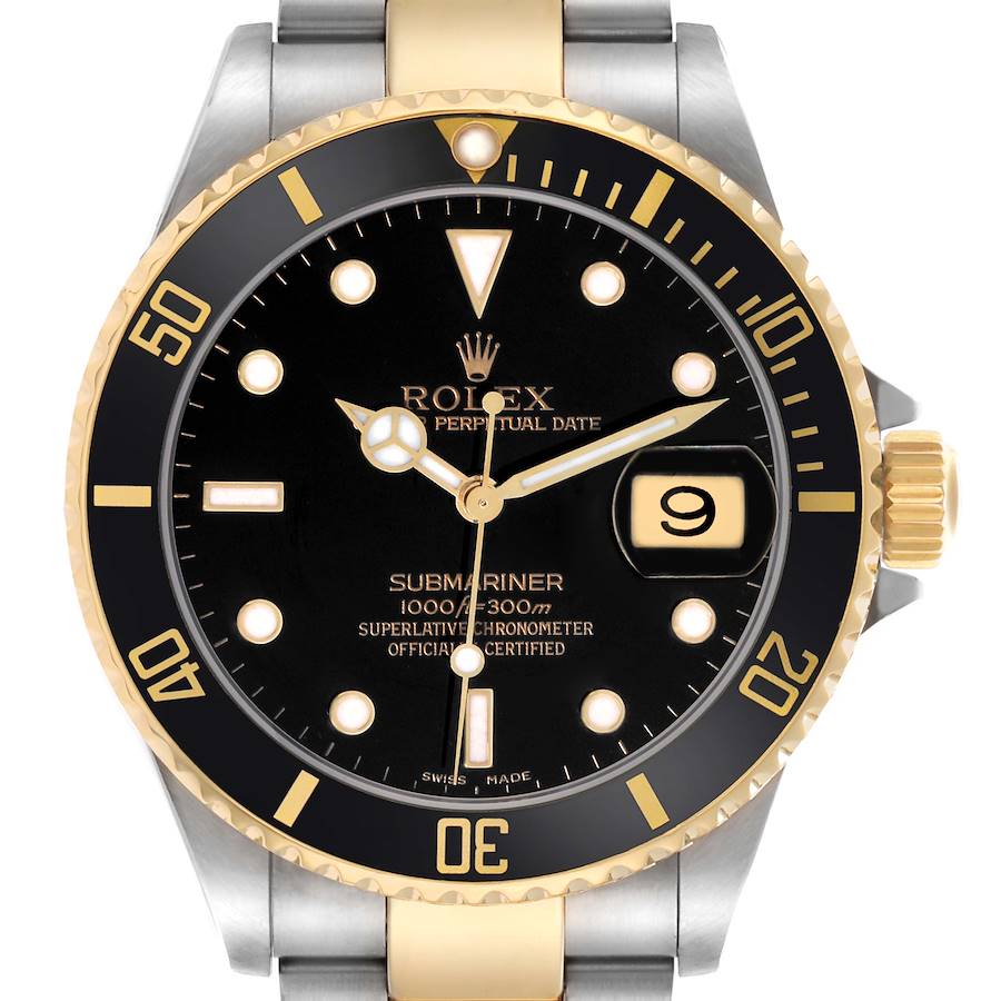 The Rolex Submariner 16613 Men's Steel and Gold (two tone) Black Dial is shown from a front angle, highlighting the dial, bezel, hands, and bracelet.