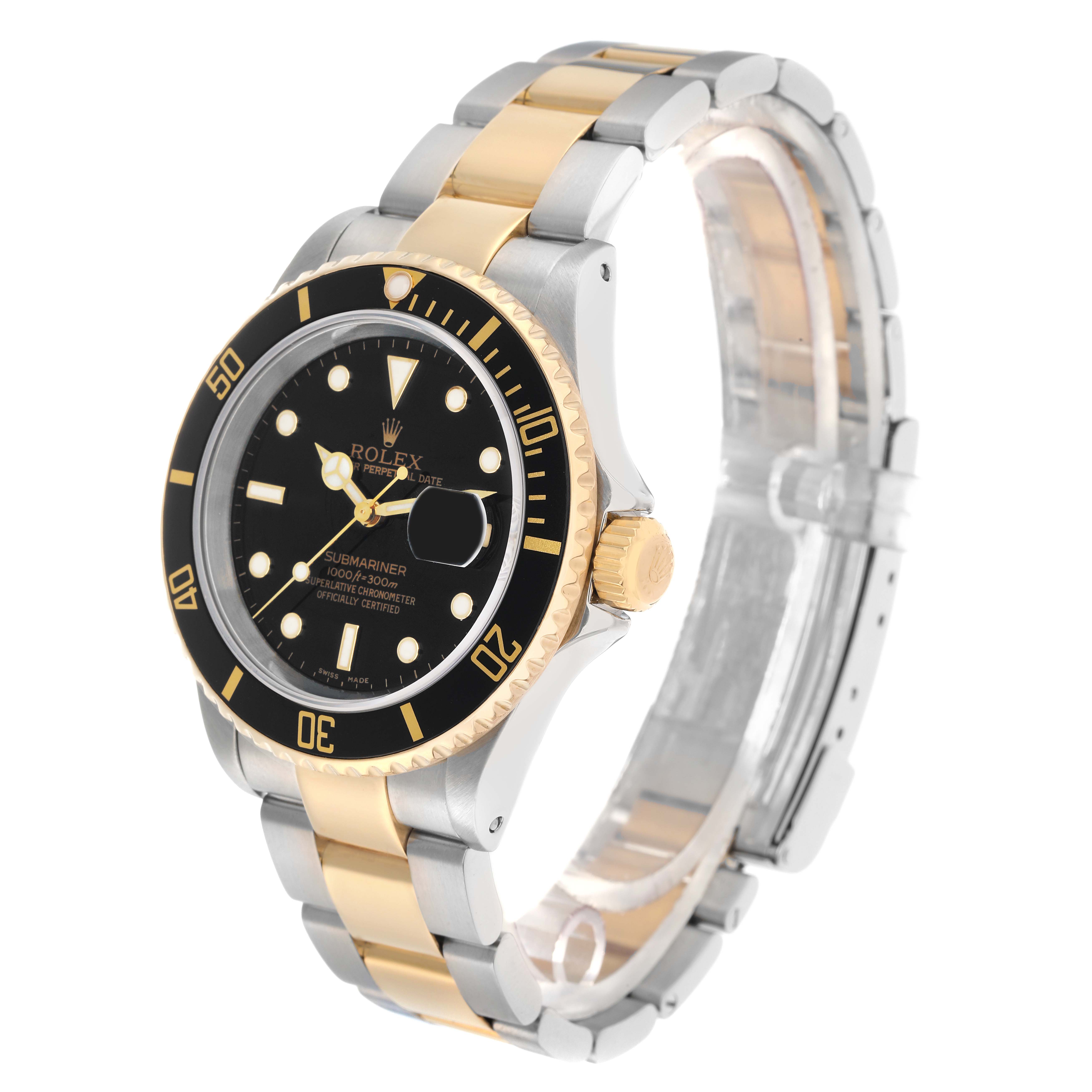 The Rolex Submariner 16613 Men
s Steel and Gold (two tone) Black Dial watch is shown at a three-quarter angle highlighting the black dial, bezel, and two-tone bracelet.