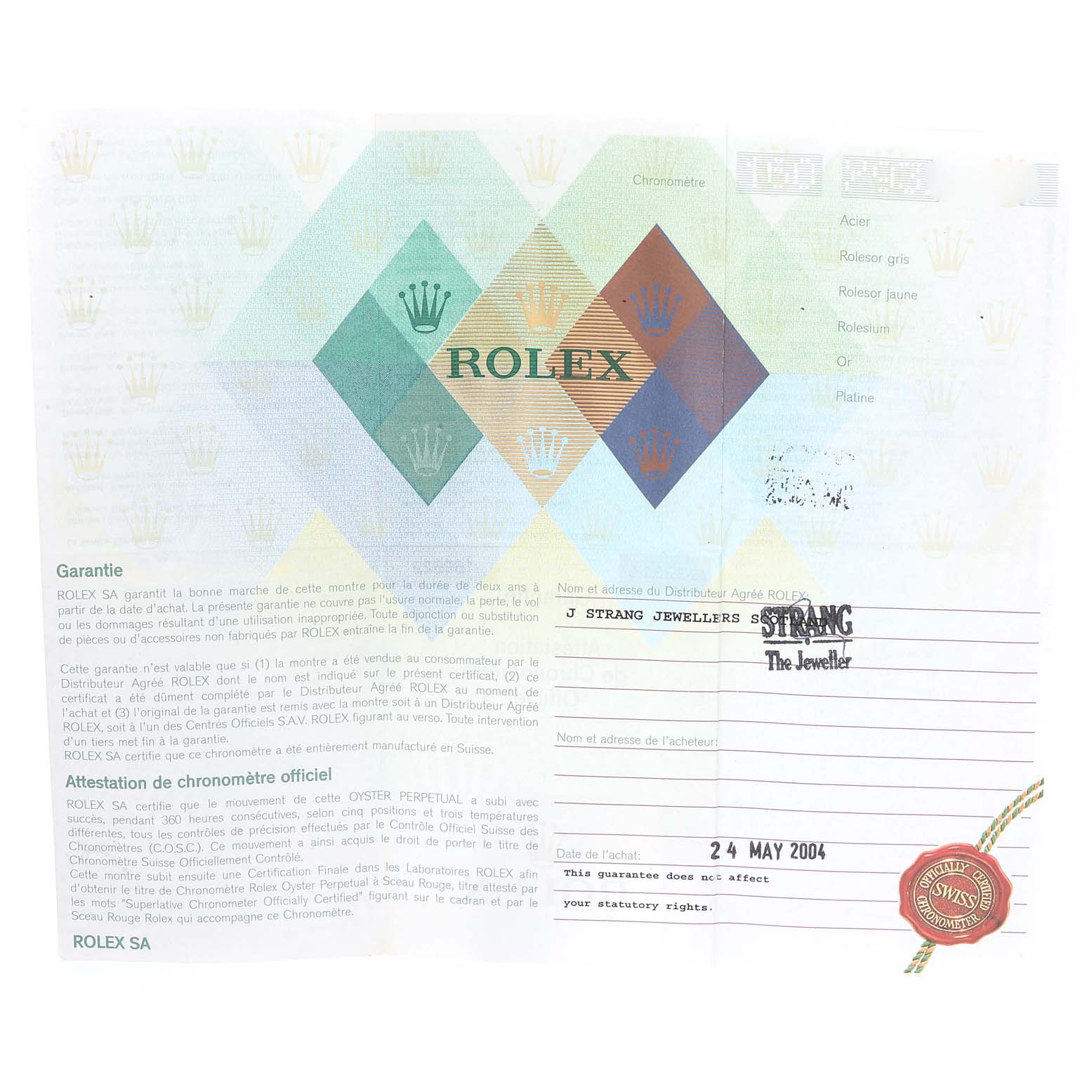 This image shows the warranty certificate for a Rolex Yacht-Master 169622 Women's Stainless Steel Silver Dial 169622 Women's Stainless Steel Silver Dial watch, including the guarantee and sale information.