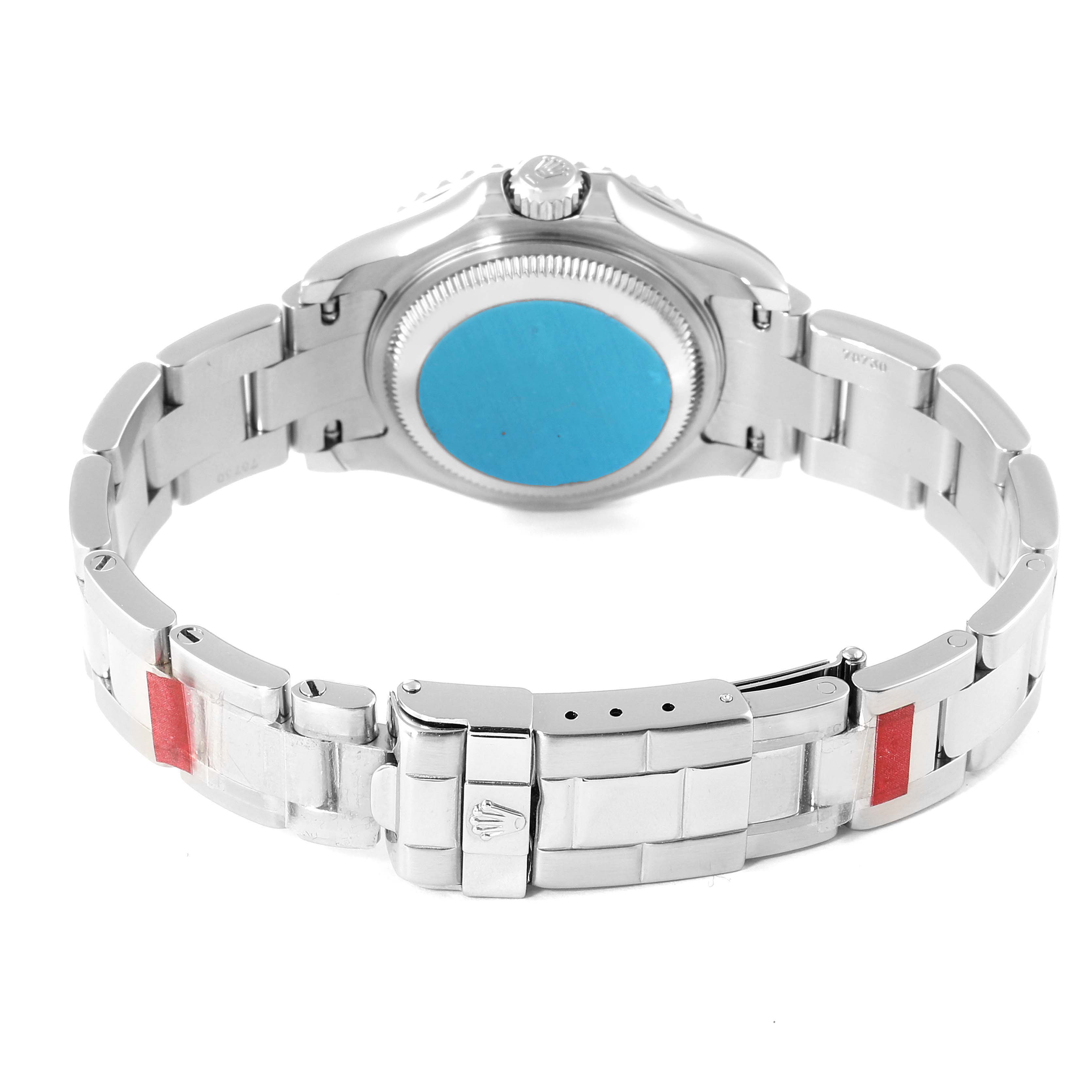 This image shows the Rolex Yacht-Master 169622 Women's Stainless Steel Silver Dial 169622 Women's Stainless Steel Silver Dial watch from the back, highlighting its stainless steel bracelet and the caseback.