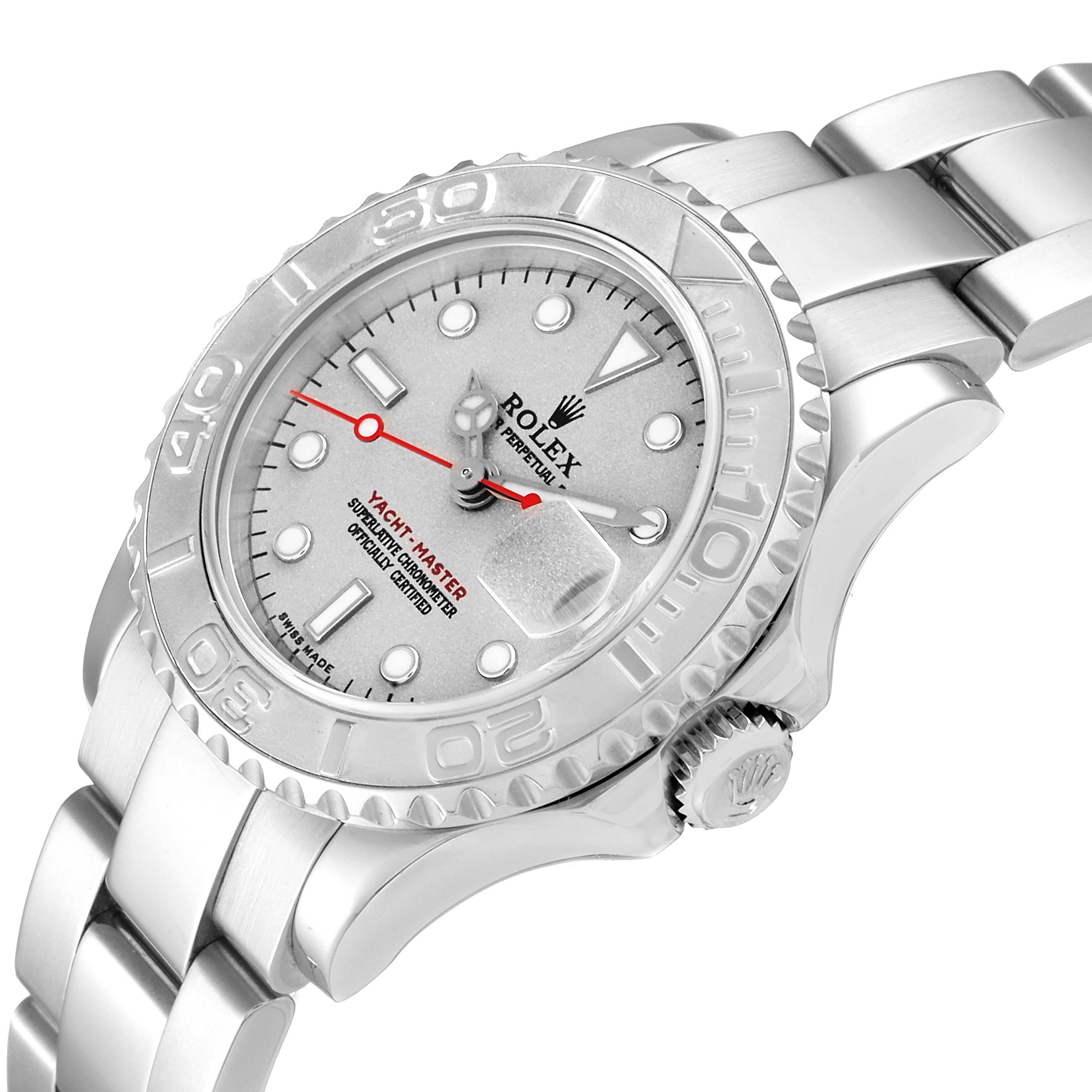 The image shows the dial, bezel, crown, and a portion of the strap of a Rolex Yacht-Master 169622 Women's Stainless Steel Silver Dial 169622 Women's Stainless Steel Silver Dial watch at an angled view.