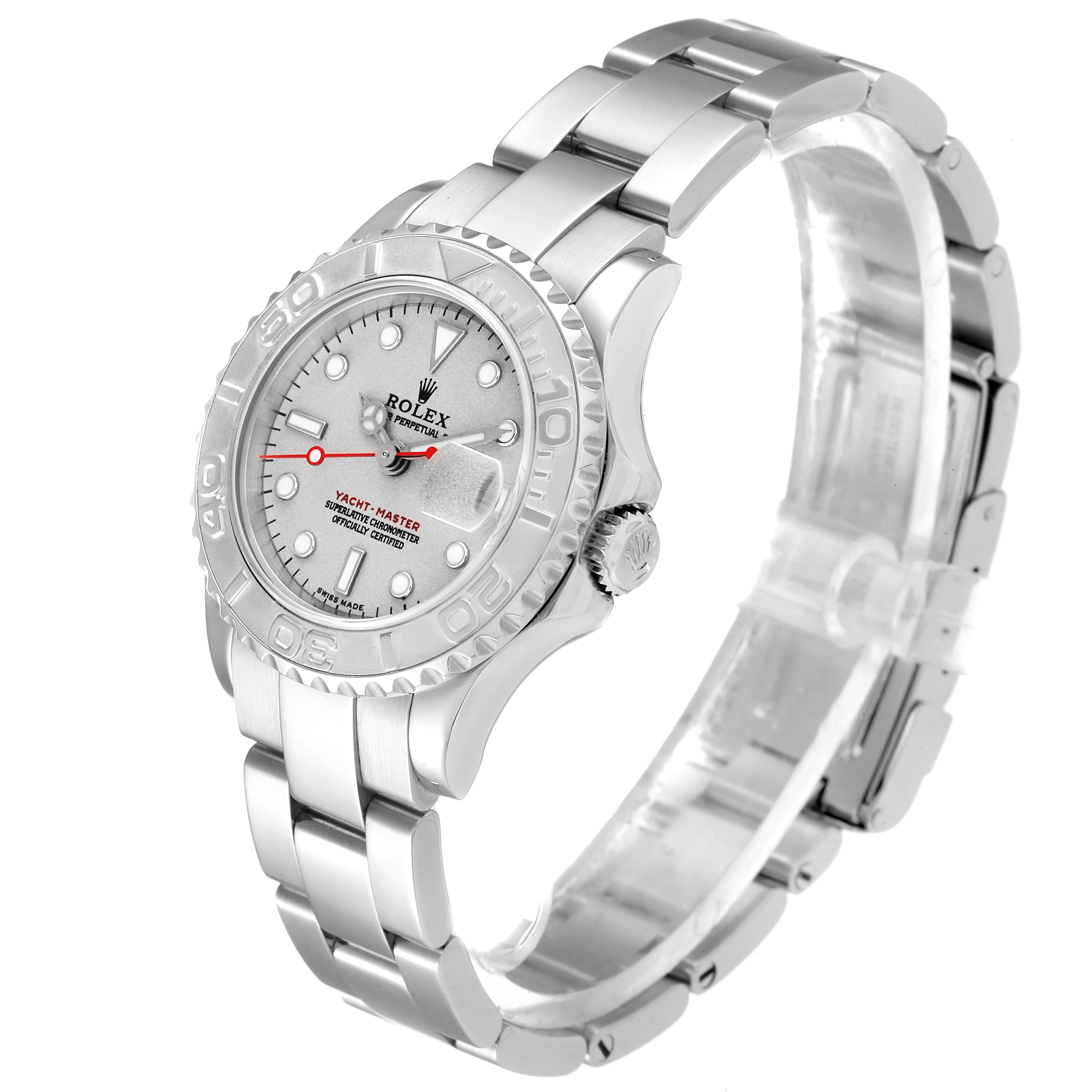 The image shows a Rolex Yacht-Master 169622 Women's Stainless Steel Silver Dial 169622 Women's Stainless Steel Silver Dial watch at an angled side view, highlighting the bezel, crown, dial, and bracelet.