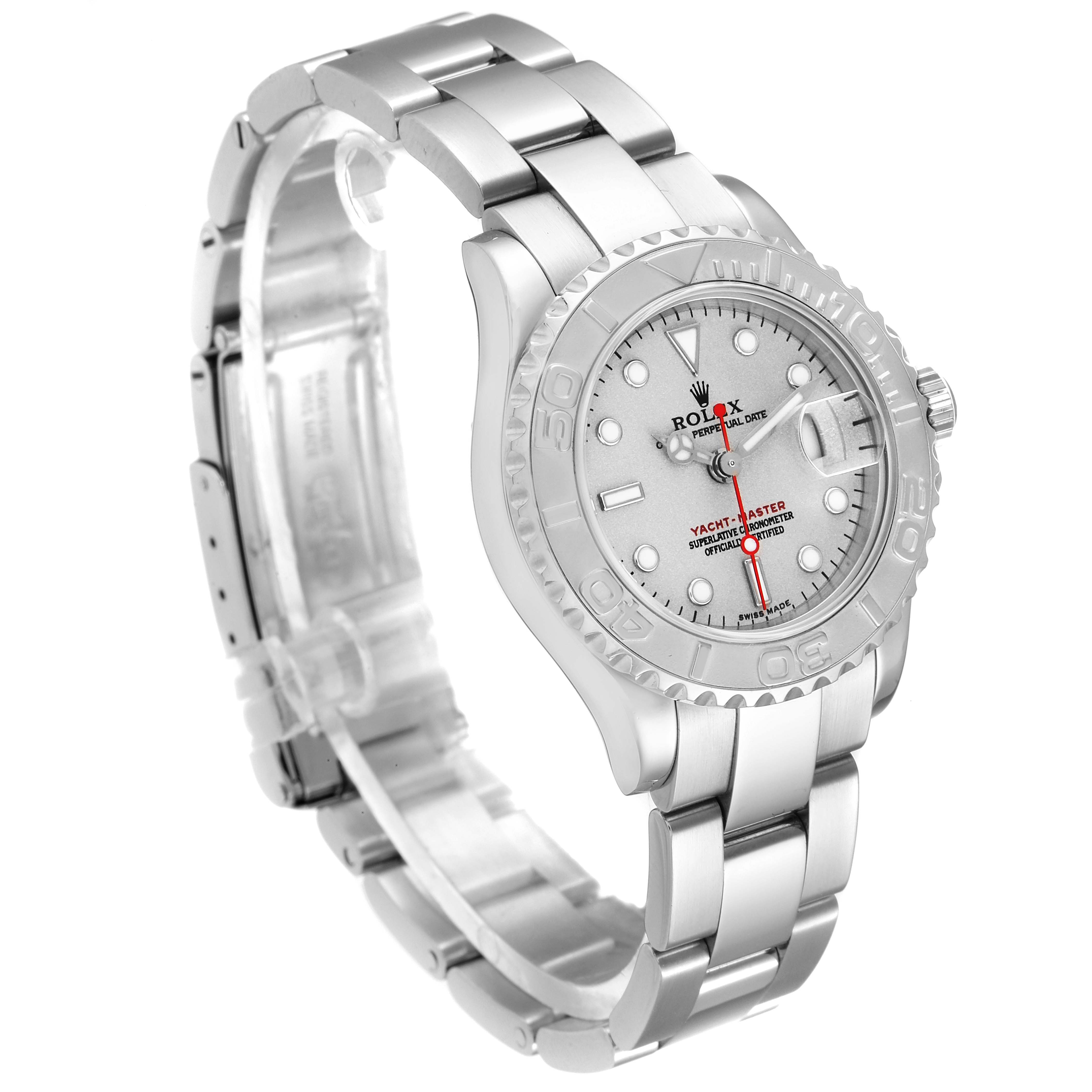 The image shows a side angle of the Rolex Yacht-Master 169622 Women's Stainless Steel Silver Dial 169622 Women's Stainless Steel Silver Dial watch, displaying its case, bezel, dial, and metal bracelet.