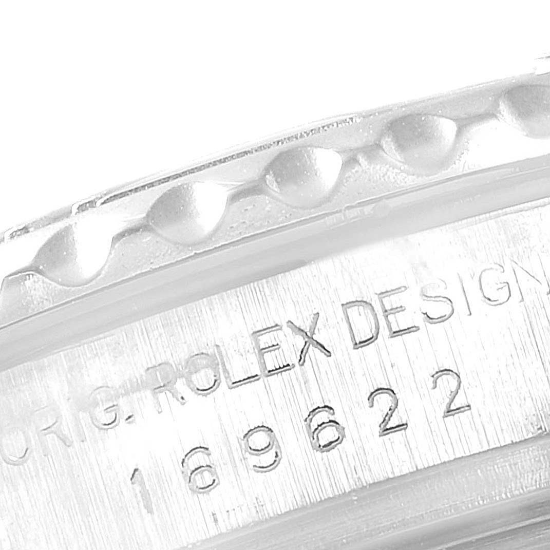 The image shows a close-up of the side of the Rolex Yacht-Master 169622 Women's Stainless Steel Silver Dial 169622 Women's Stainless Steel Silver Dial watch bezel and case with engraved model details.