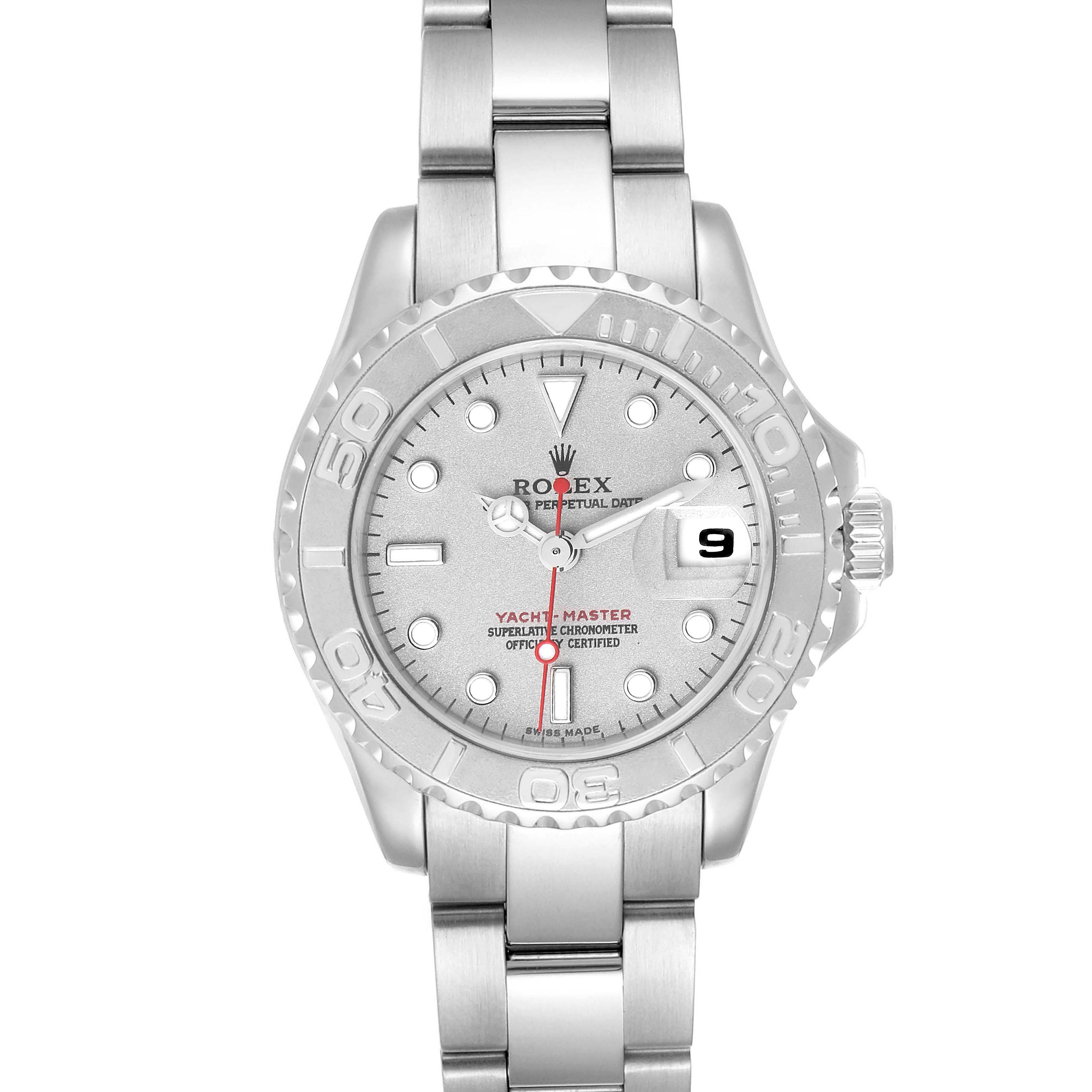 This image shows a front view of a Rolex Yacht-Master 169622 Women's Stainless Steel Silver Dial 169622 Women's Stainless Steel Silver Dial watch, highlighting the dial, bezel, hands, and bracelet.