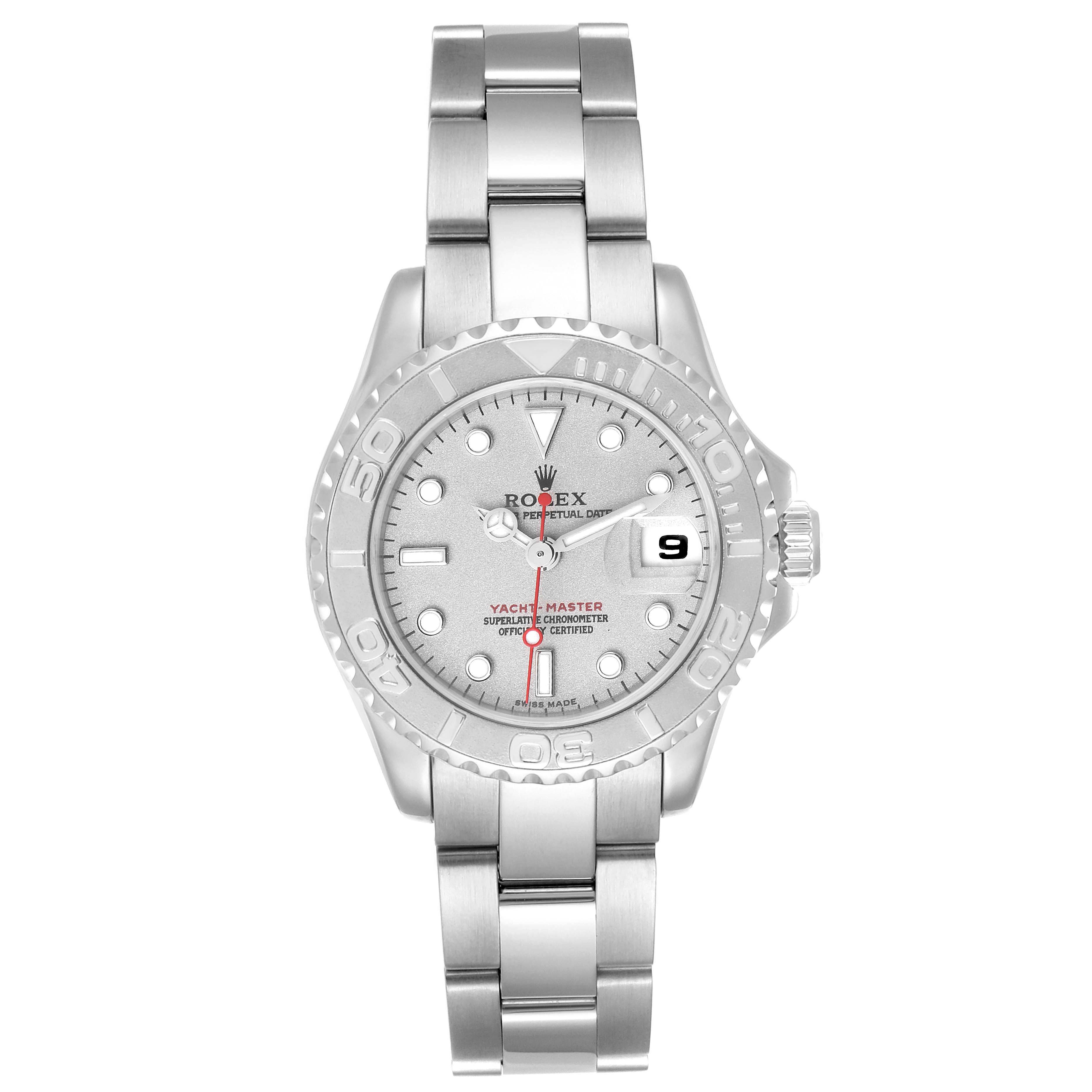 The image shows a front view of the Rolex Yacht-Master 169622 Women's Stainless Steel Silver Dial 169622 Women's Stainless Steel Silver Dial watch, displaying its dial, bezel, bracelet, and crown.