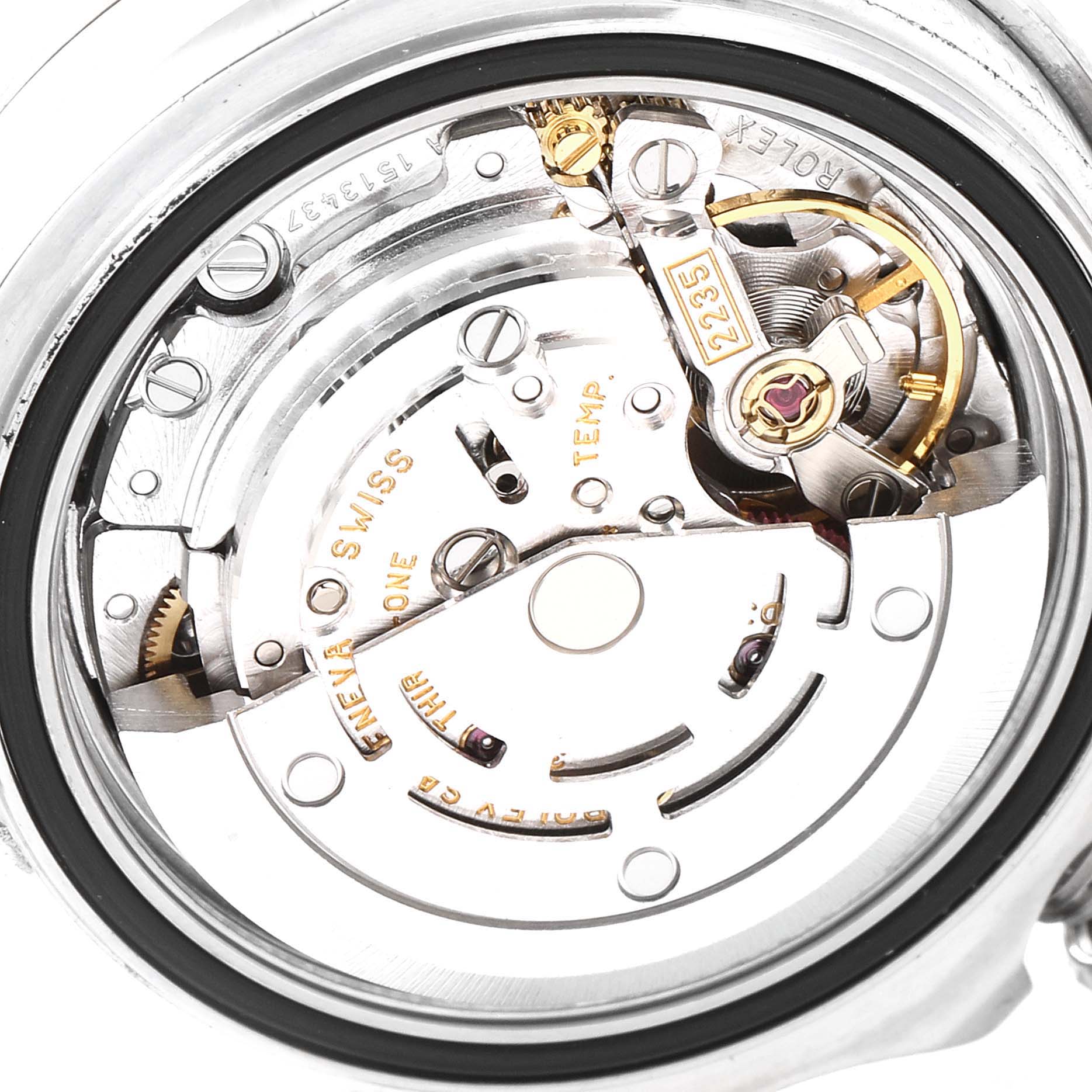 The image shows the inner mechanical movement of a Rolex Yacht-Master 169622 Women's Stainless Steel Silver Dial 169622 Women's Stainless Steel Silver Dial watch from a back view angle.