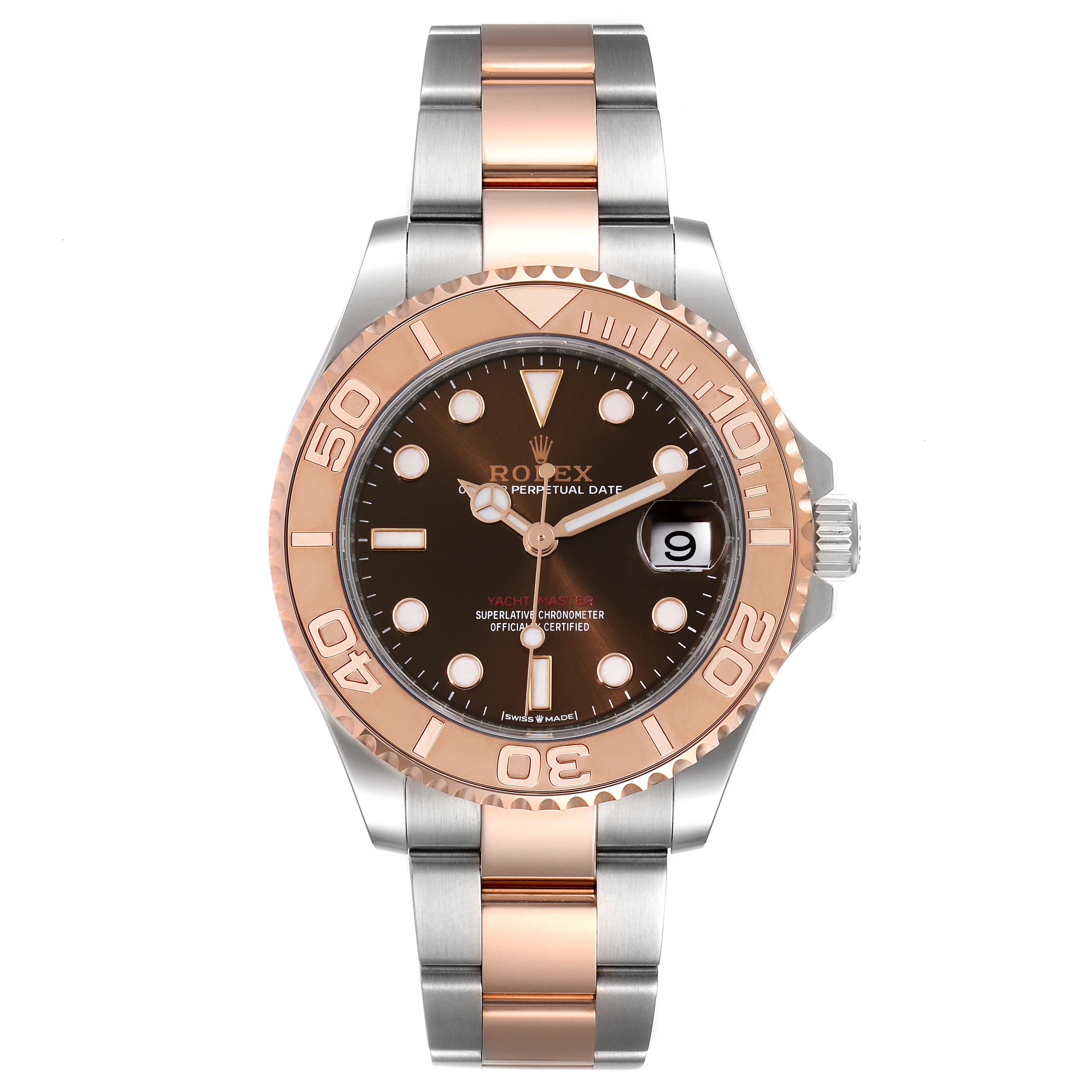 This image shows a front view of a Rolex Yacht-Master 268621 Men's Steel and Gold (two tone) Brown Dial 268621 Men's Steel and Gold (two tone) Brown Dial watch, highlighting its dial, bezel, and bracelet.