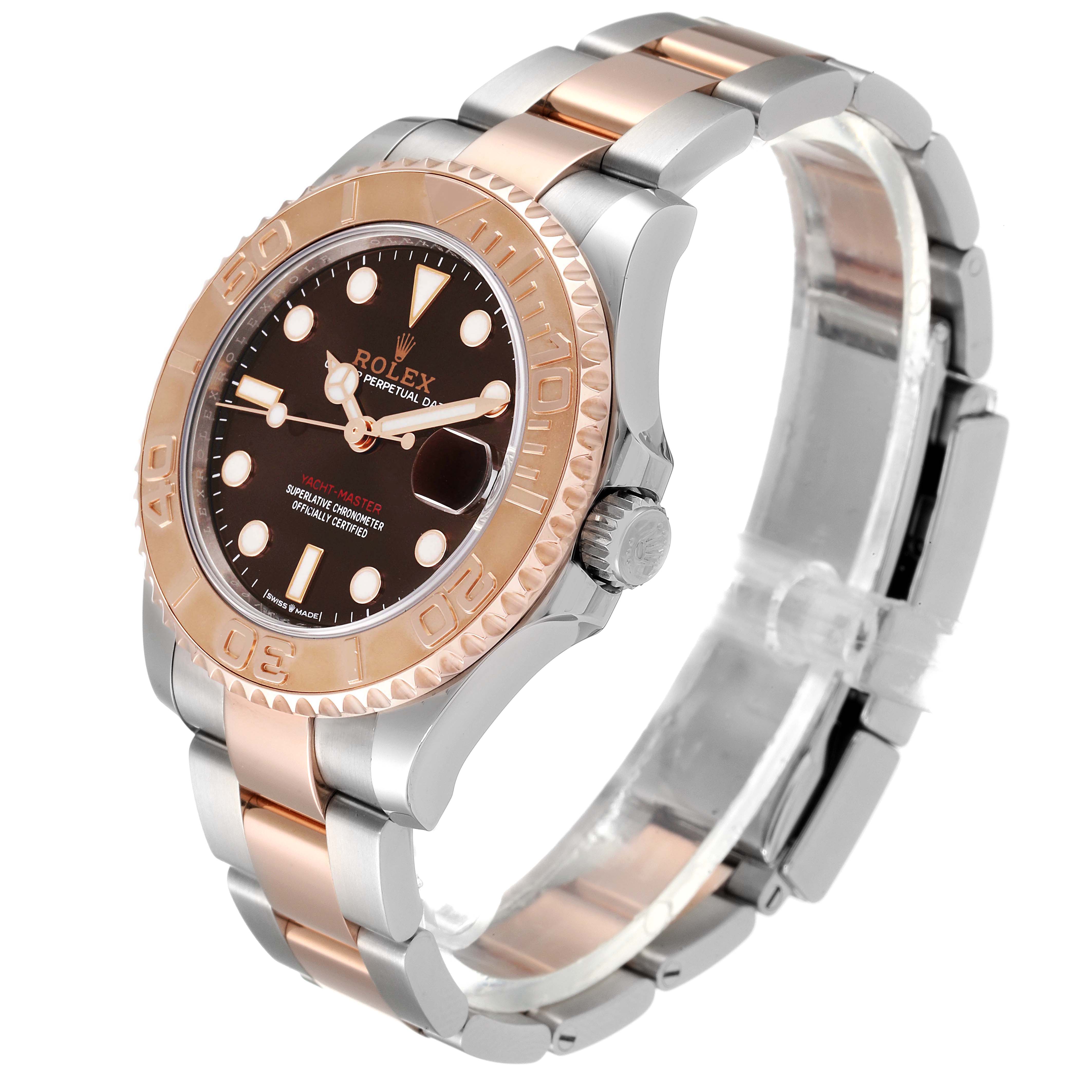 This Rolex Yacht-Master 268621 Men's Steel and Gold (two tone) Brown Dial 268621 Men's Steel and Gold (two tone) Brown Dial watch is shown from a three-quarter angle, displaying the face, bezel, crown, and bracelet.