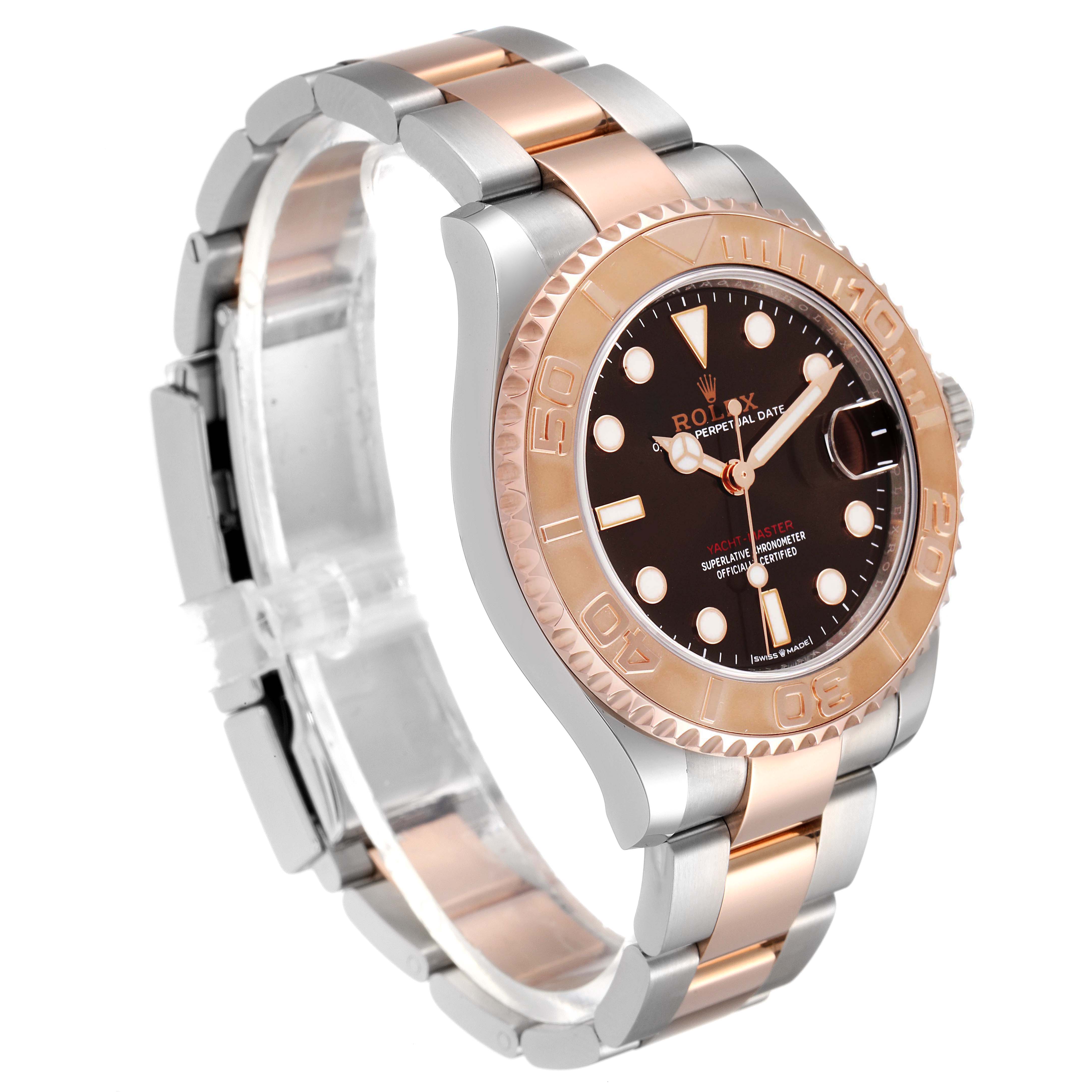 The image showcases a Rolex Yacht-Master 268621 Men's Steel and Gold (two tone) Brown Dial 268621 Men's Steel and Gold (two tone) Brown Dial watch at an angle displaying its face, bezel, and two-tone metal bracelet.