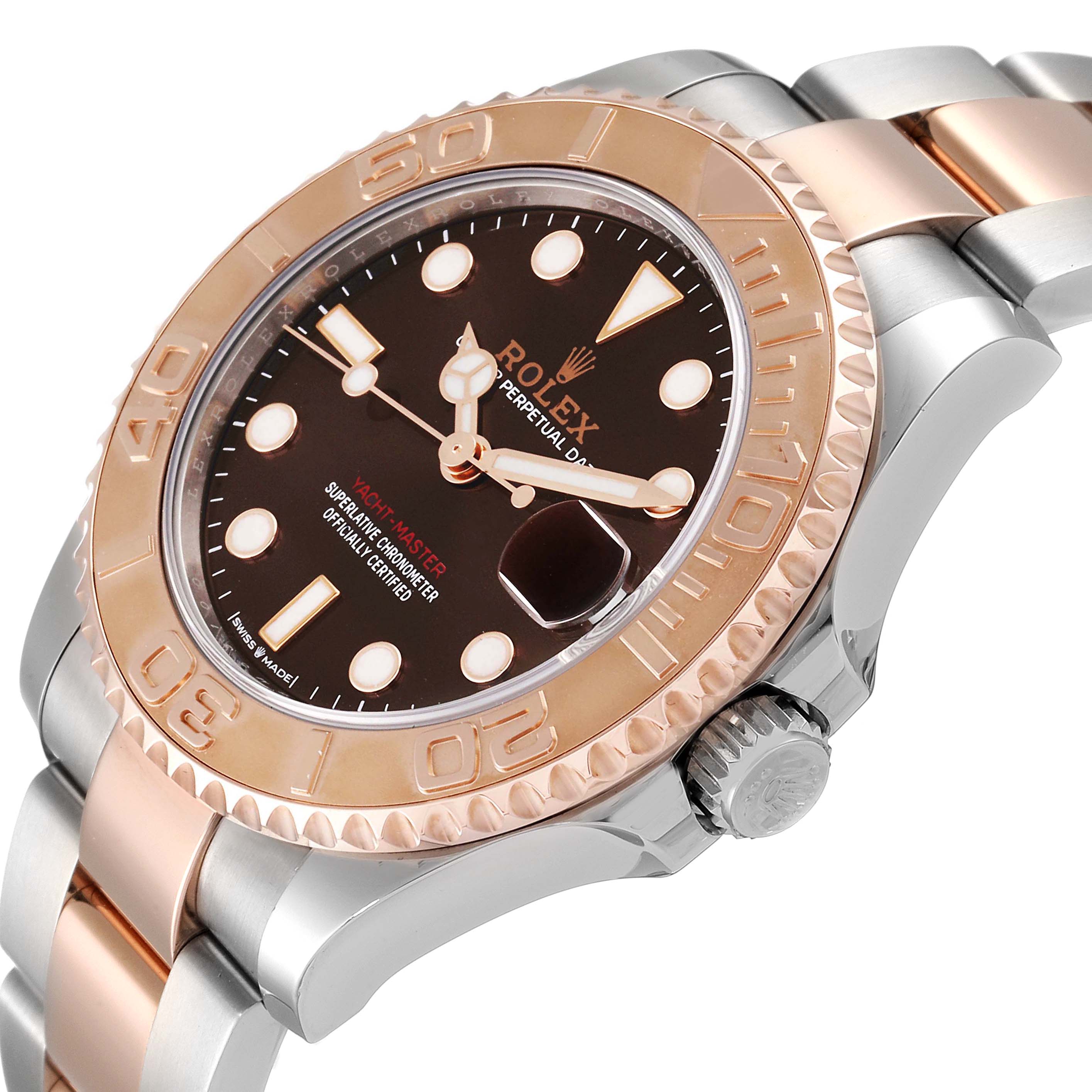 The image shows a close-up, angled view of a Rolex Yacht-Master 268621 Men's Steel and Gold (two tone) Brown Dial 268621 Men's Steel and Gold (two tone) Brown Dial watch highlighting its dial, bezel, crown, and part of the bracelet.