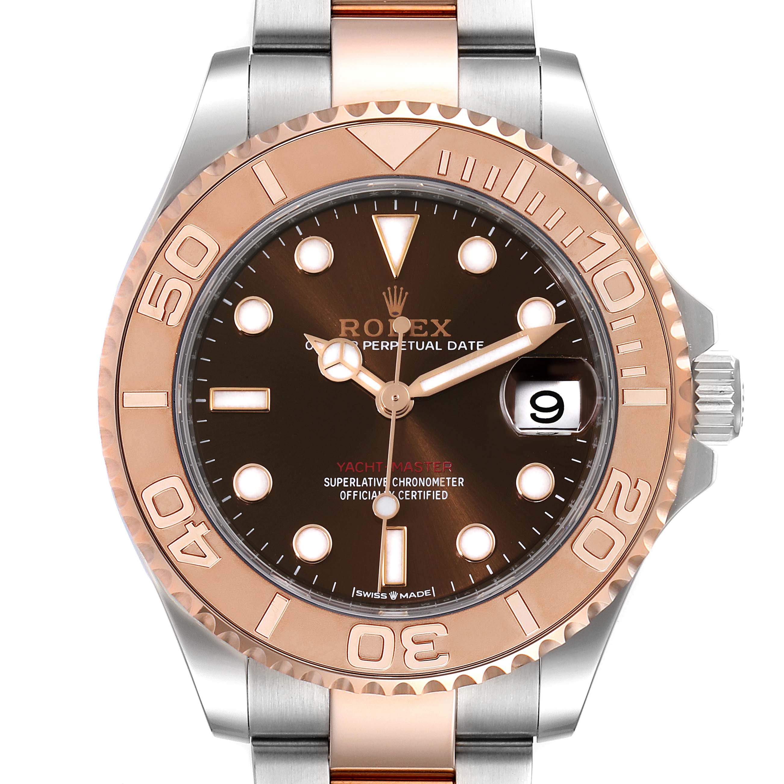 The image shows the face of the Rolex Yacht-Master 268621 Men's Steel and Gold (two tone) Brown Dial 268621 Men's Steel and Gold (two tone) Brown Dial watch with its bezel, dial, hands, and bracelet visible from a front angle.