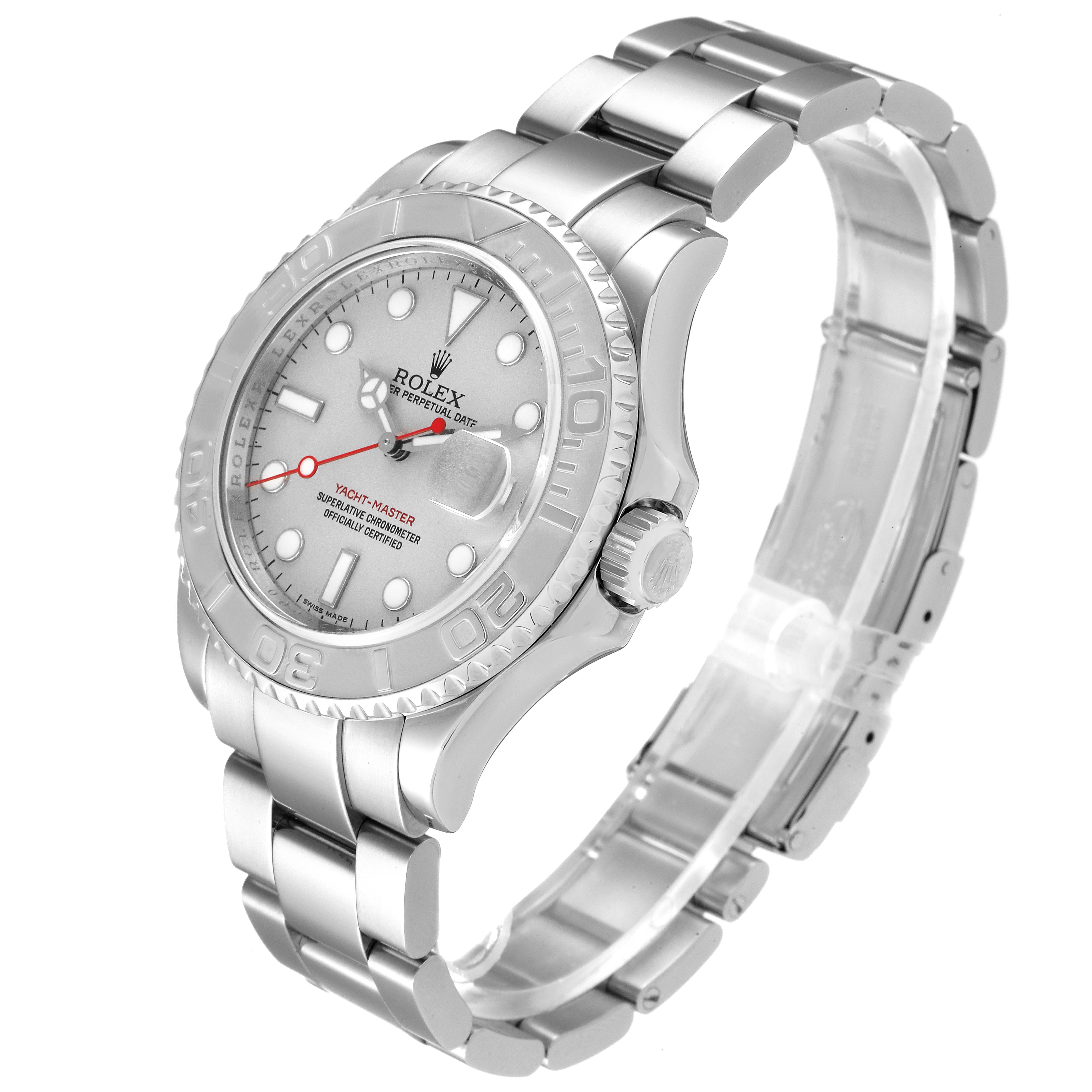 This image shows a Rolex Yacht-Master 16622 Men
s Stainless Steel Silver Dial 16622 Men
s Stainless Steel Silver Dial watch at a three-quarter angle, highlighting its face, bezel, crown, and bracelet.