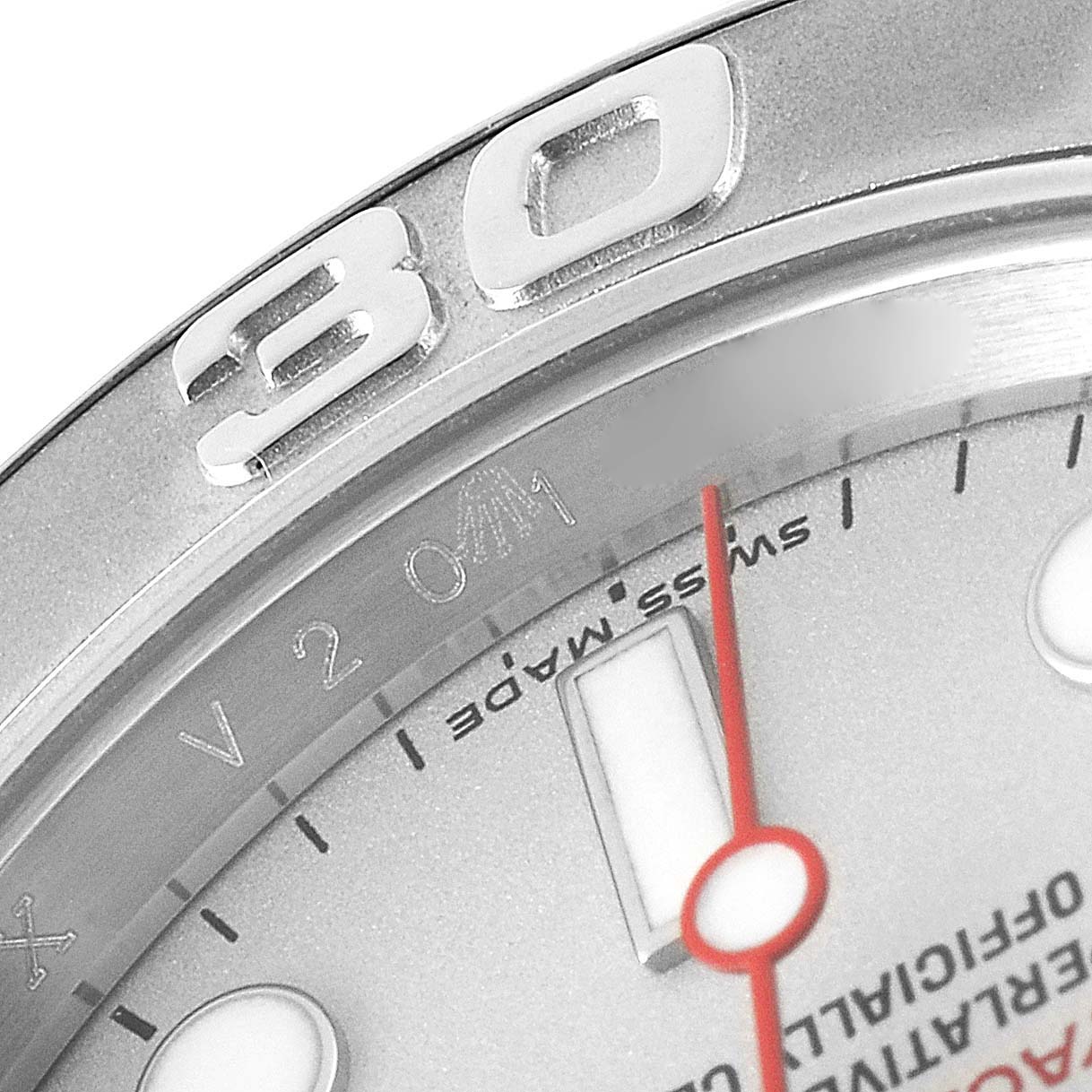 This close-up shows the bezel, part of the dial, and the second hand of a Rolex Yacht-Master 16622 Men
s Stainless Steel Silver Dial 16622 Men
s Stainless Steel Silver Dial watch.