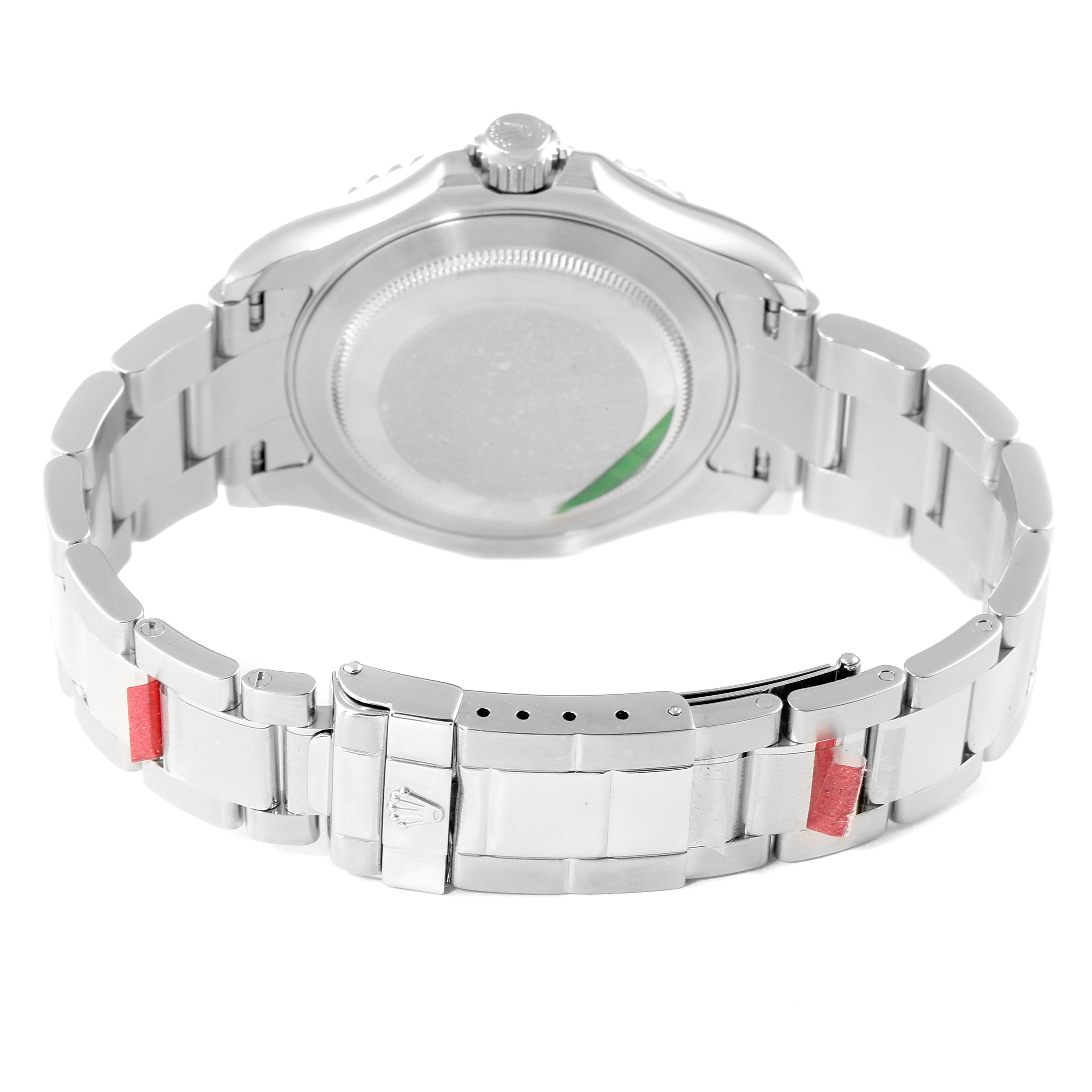 This image shows the back view of a Rolex Yacht-Master 16622 Men
s Stainless Steel Silver Dial 16622 Men
s Stainless Steel Silver Dial watch, specifically the case back and part of the bracelet with the clasp visible.